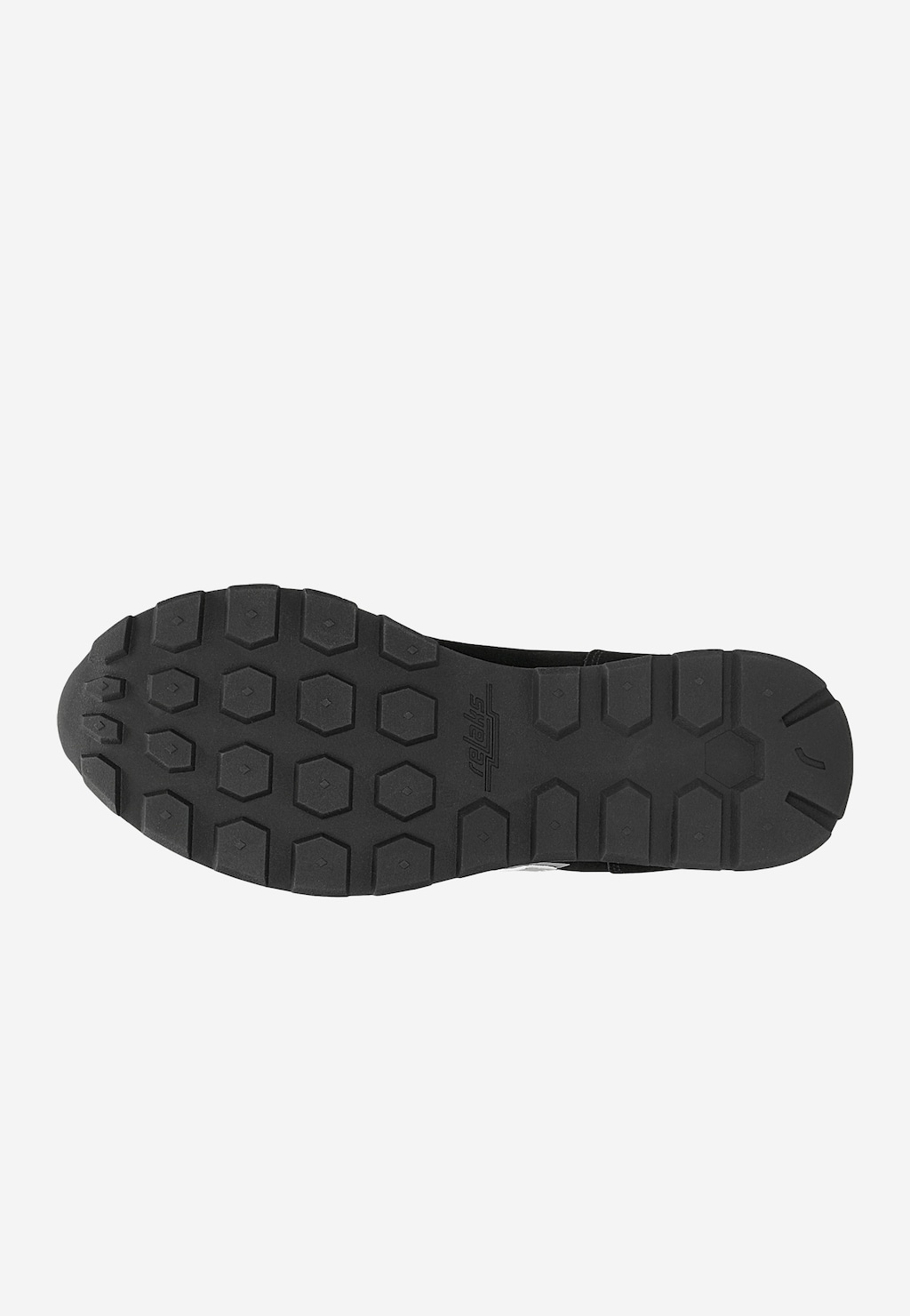 Podeszwa czarnych sneakersów RELAKS R34202-89 z wzorem heksagonalnym zapewniającym przyczepność, widok od spodu.