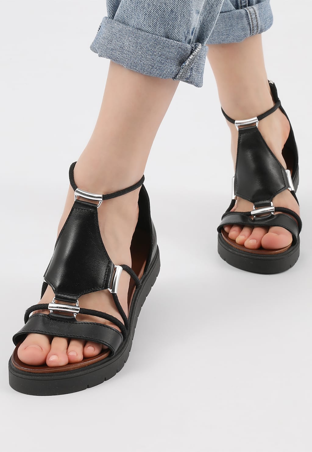 Schwarze flache Damensandalen mit geschlossener Ferse 76012-51 Ansicht 10