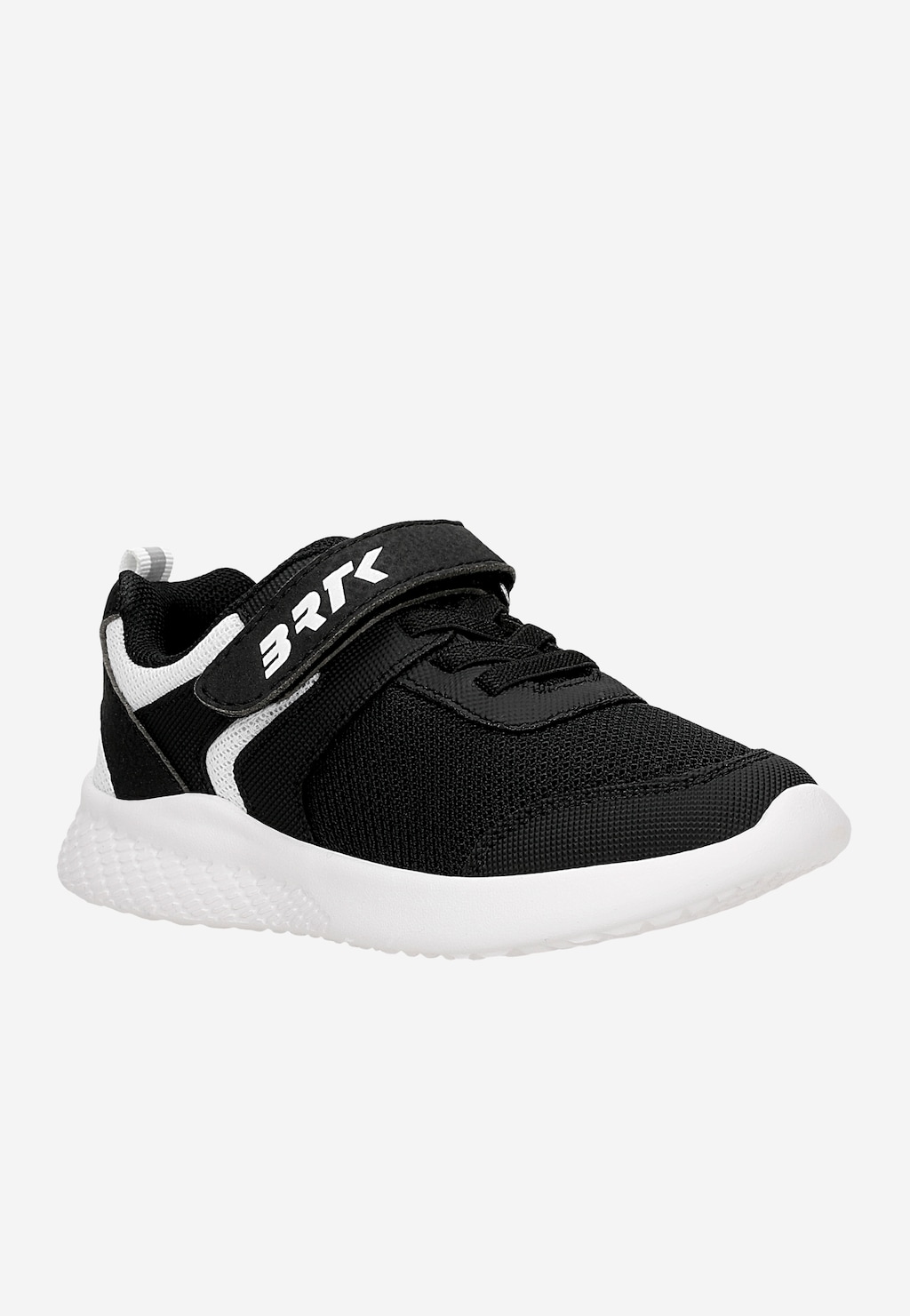 Czarne sneakersy dziecięce Bartek 87003-10 z białymi wstawkami, rzepem z logo BRTK i białą podeszwą, widok z boku.