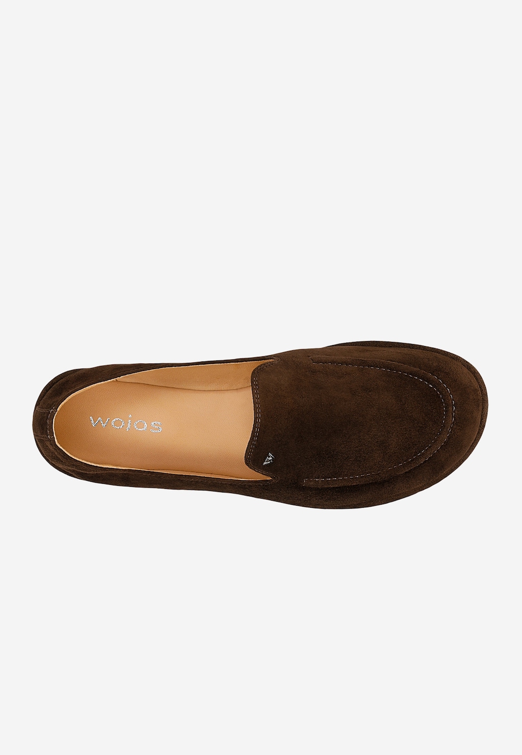 Wojas brązowe loafersy ze skóry welurowej model 46373-62, widok z góry, beżowa wkładka z logo marki.
