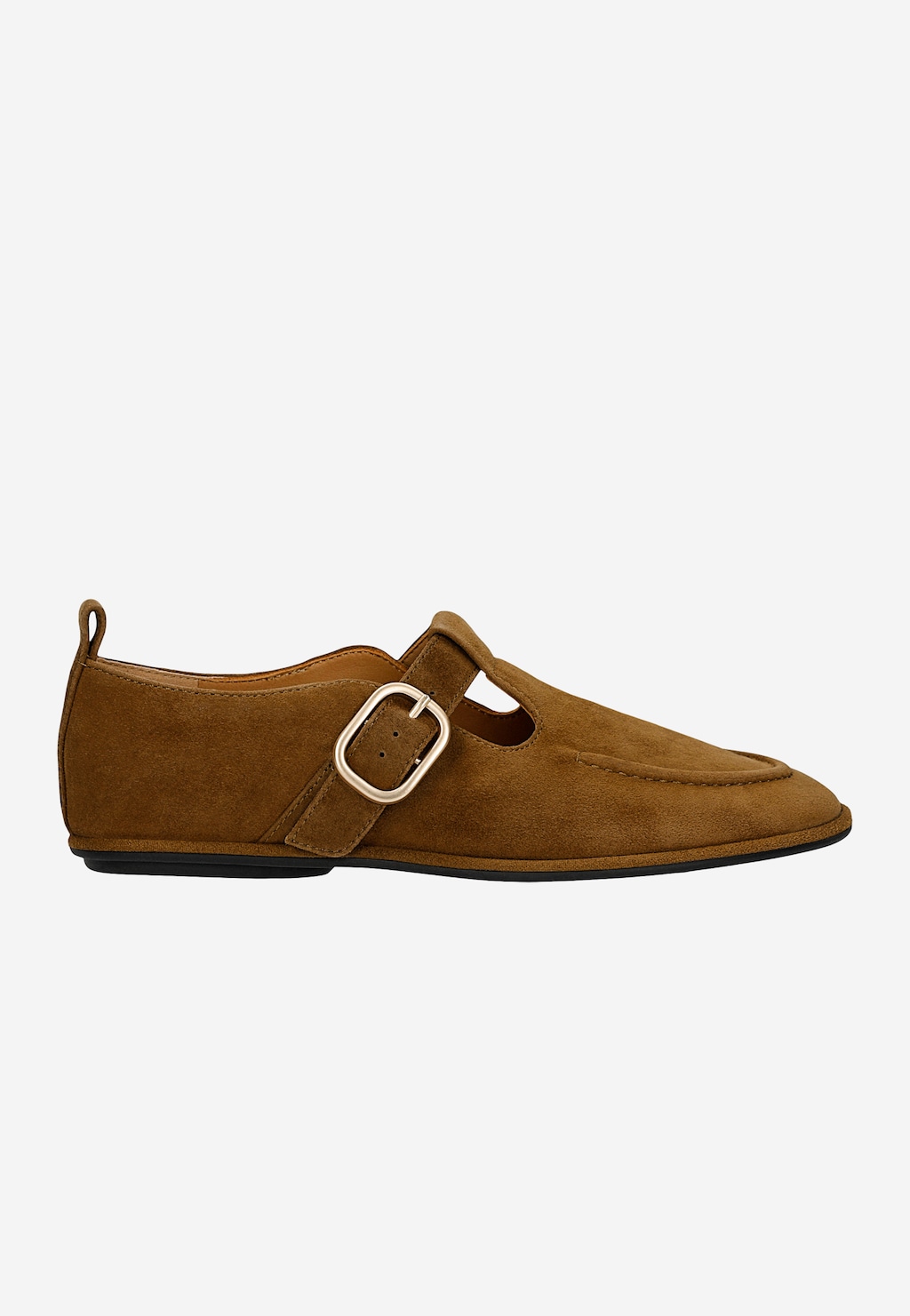 Wojas brązowe loafersy damskie z weluru 46396-63, widok z boku, ze złotą klamrą i wycięciem na podbiciu, płaska podeszwa.