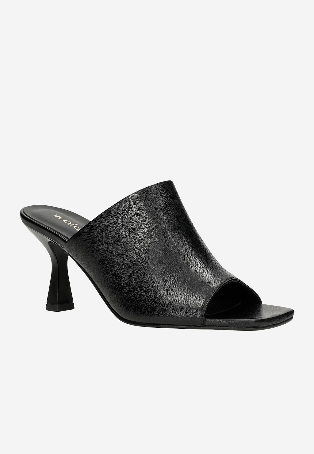 Wojas czarne klapki na obcasie ze skóry licowej model 74120-51, widok z boku, elegancki szpilkowy obcas, otwarty kwadratowy nosek