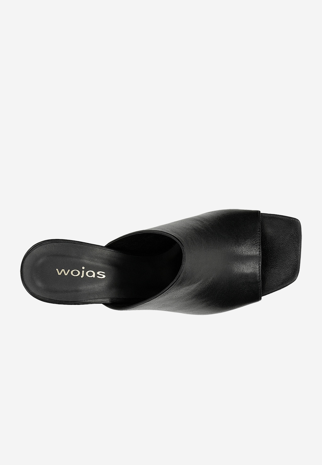 Wojas czarne klapki na obcasie ze skóry licowej model 74120-51, widok z góry, kwadratowy nosek, elegancki minimalistyczny design.