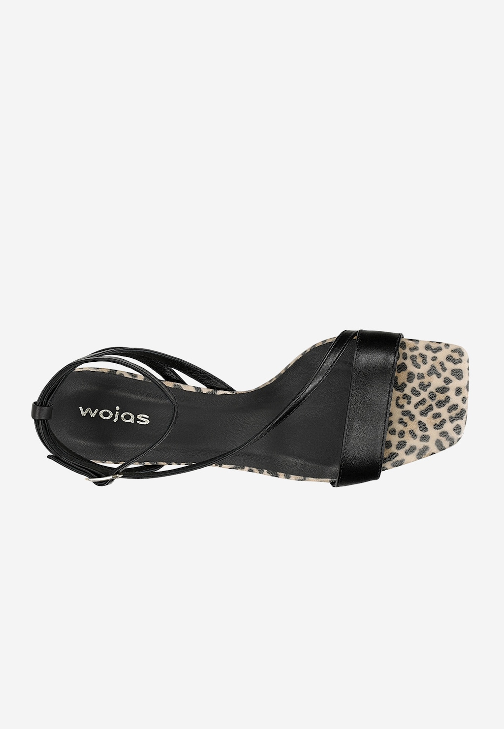 Wojas sandały damskie 76200-70 w subtelną panterkę, widok z góry, czarne paski skórzane, wzór leopard na platformie i czubku.