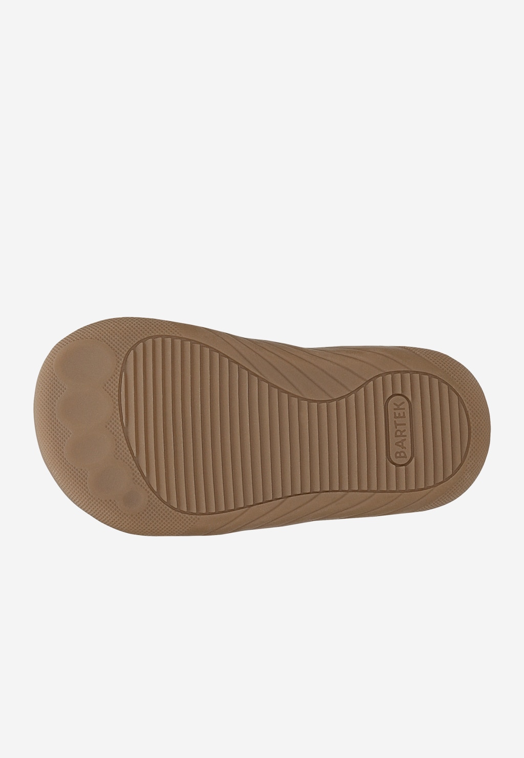 Podeszwa różowych błyszczących barefoot butów dziewczęcych Bartek 86322-85, widok od spodu, beżowa z rowkowaną strukturą antypoślizgową i logo Bartek.