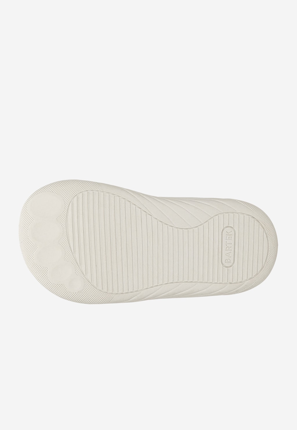 Podeszwa śniegowców barefoot Bartek 84014-54 dla dziewcząt, widok od dołu, ryflowana struktura antypoślizgowa, logo Bartek.