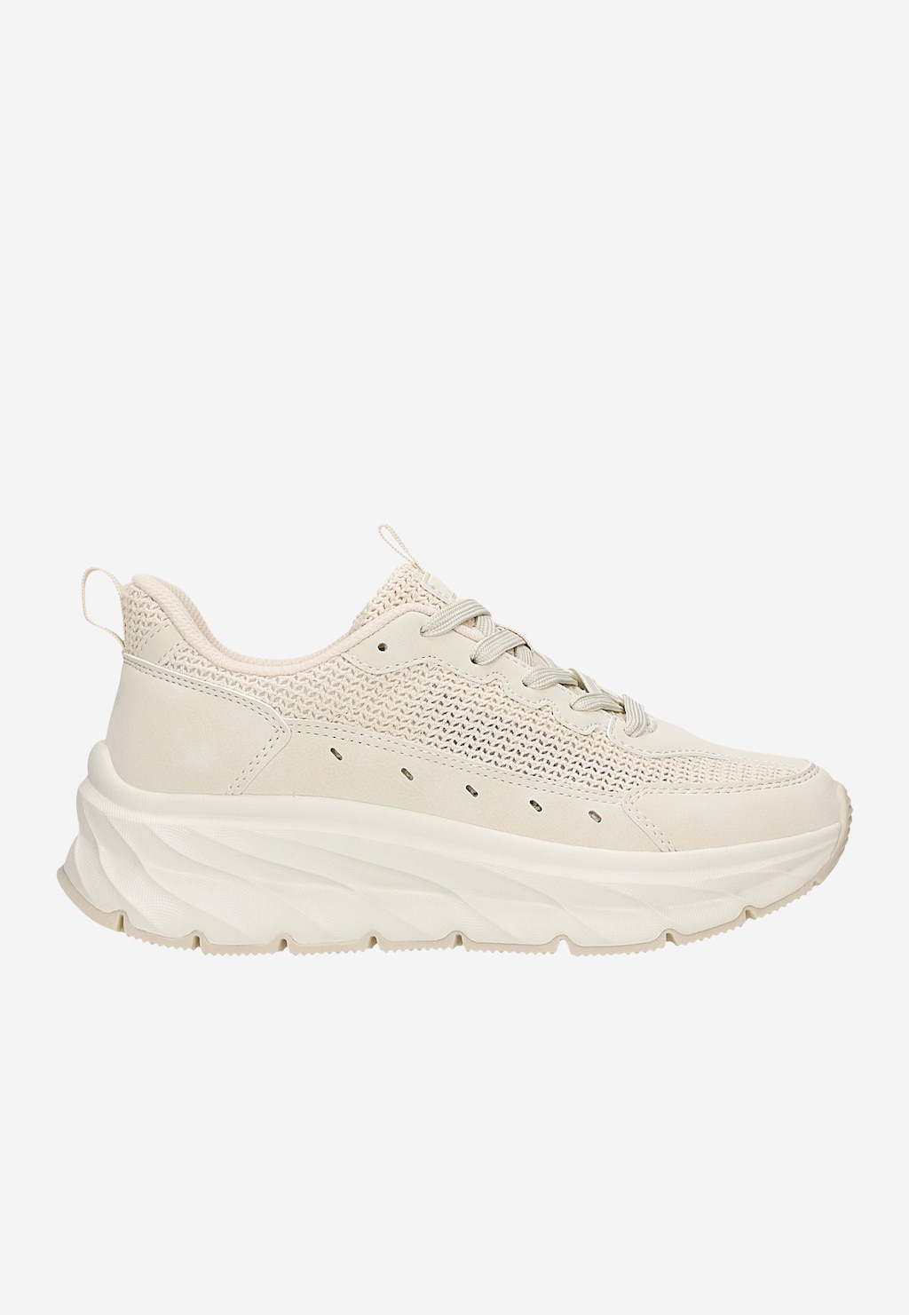 Beżowe sneakersy damskie RELAKS R46183-44 z plecionego materiału, na grubej białej podeszwie, widok z boku.