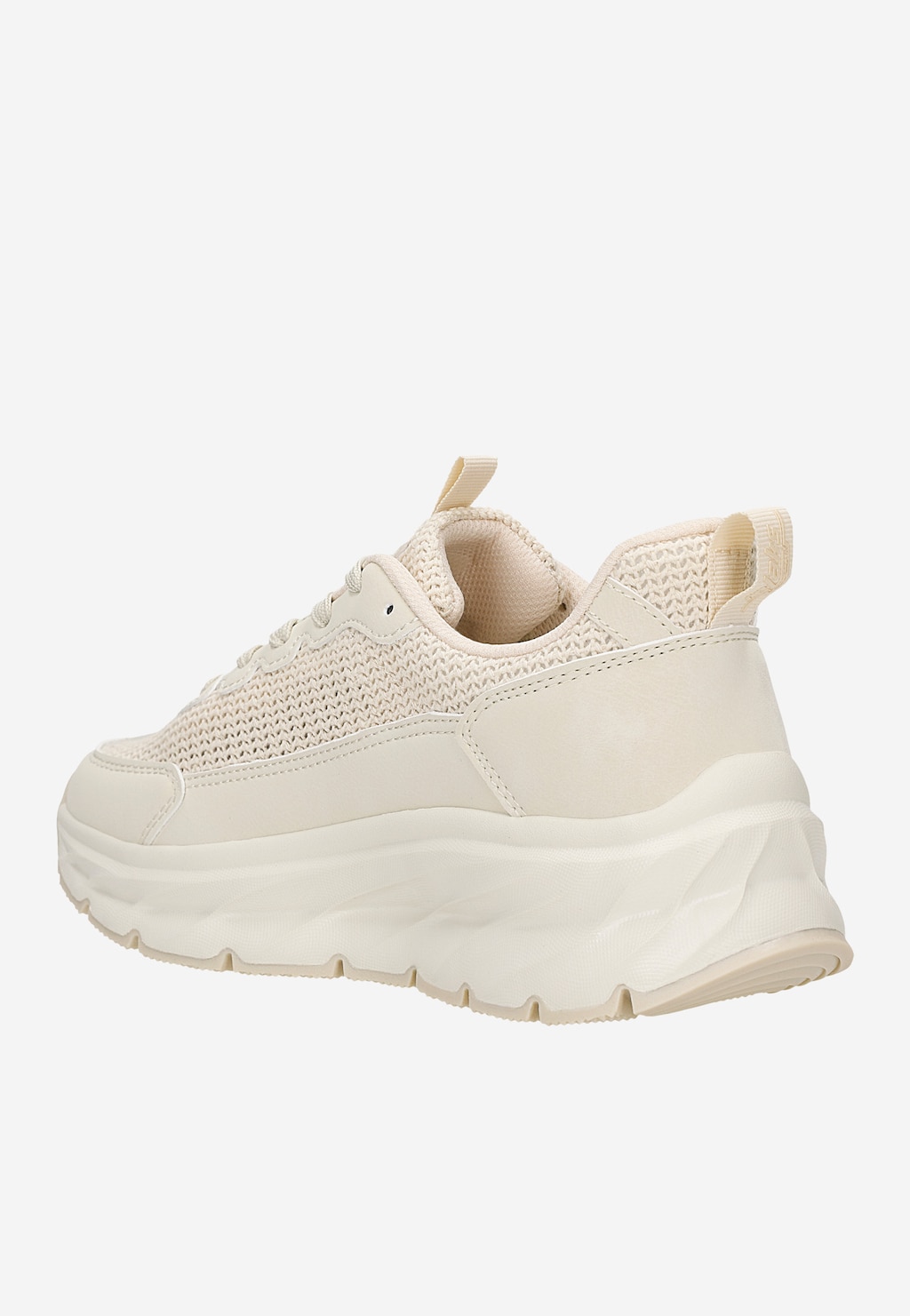 Beżowe sneakersy damskie RELAKS R46183-44 z plecionego materiału, widok z tyłu, gruba biała podeszwa platformowa.
