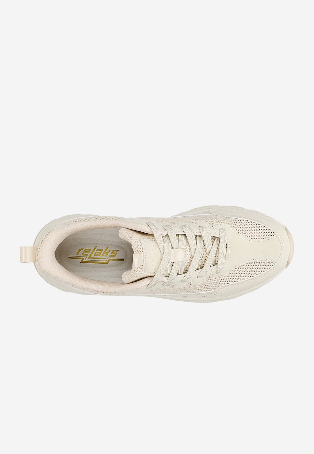 Beżowy sneakers damski RELAKS R46183-44 z plecionego materiału, widok z góry, sznurowane wiązanie, wkładka z logo Relaks.