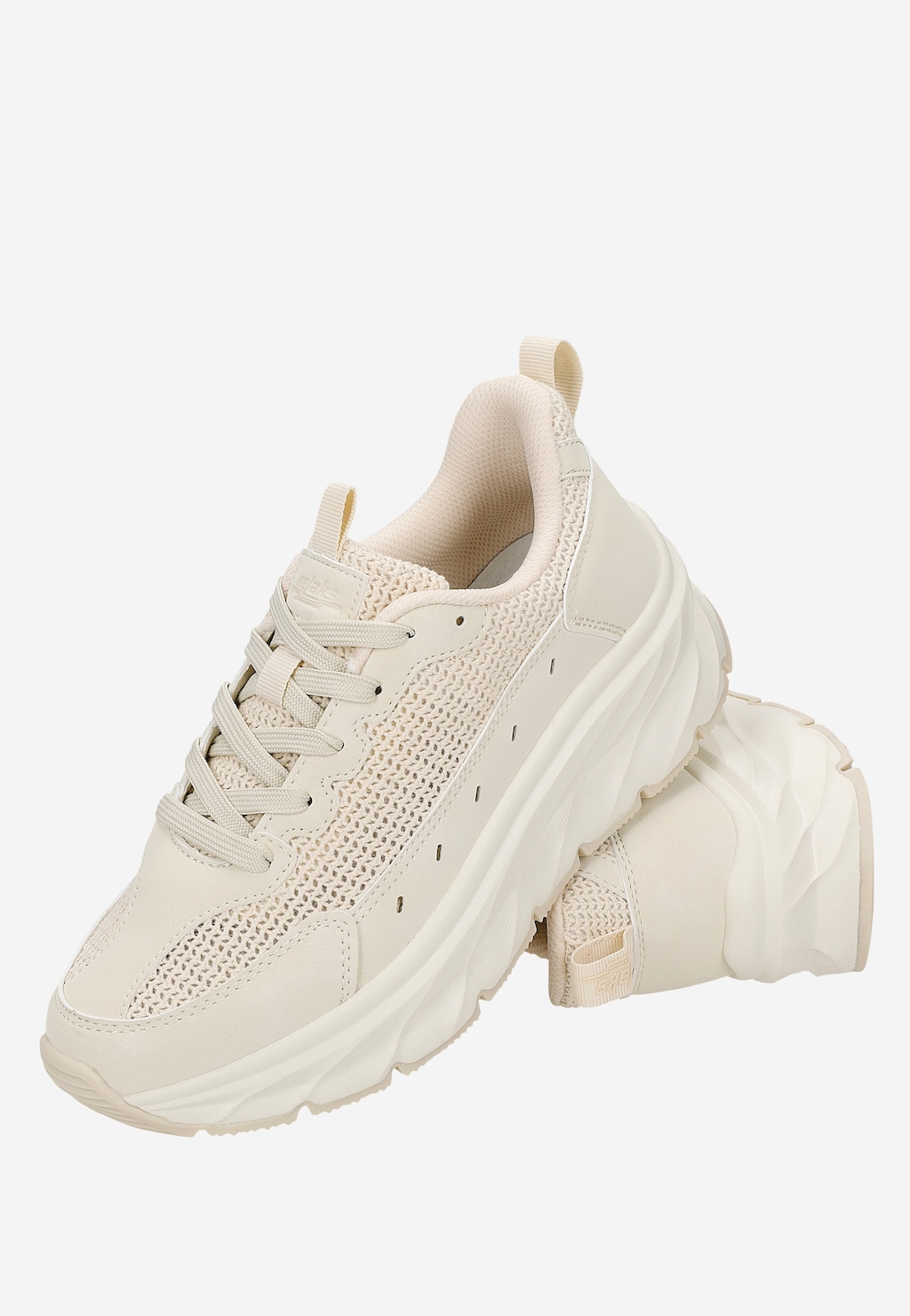 Beżowe sneakersy damskie RELAKS R46183-44 z plecionego materiału, gruba podeszwa, sznurowania, widok z boku i tyłu.