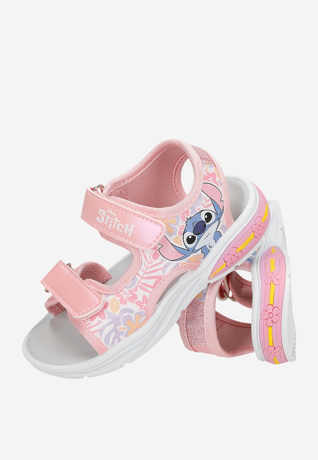 Różowe sandały dziewczęce Bartek 89007-15 z motywem Disney Stitch, kwiatowym wzorem, rzepami i świecącą podeszwą, widok z boku i spodu.