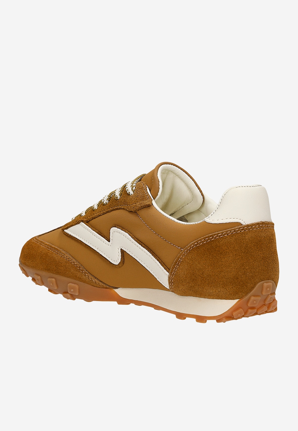 Brązowe sneakersy RELAKS R4618613 z łączonych materiałów – widok z tyłu, z białym logo i zamszowymi wstawkami.