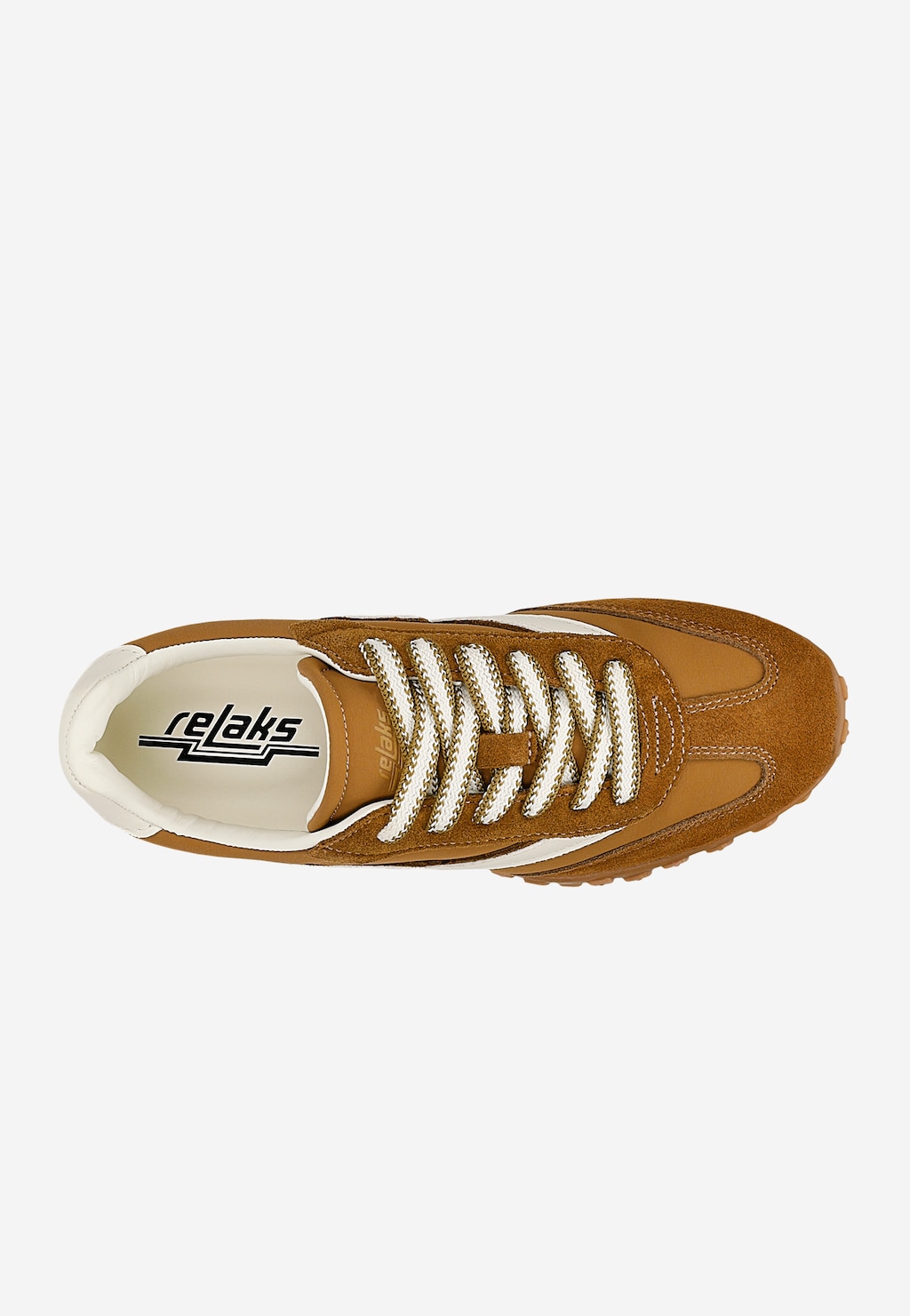 Brązowy sneakers RELAKS R4618613 z łączonych materiałów, widok z góry, z białymi sznurowadłami i logo marki na wkładce.