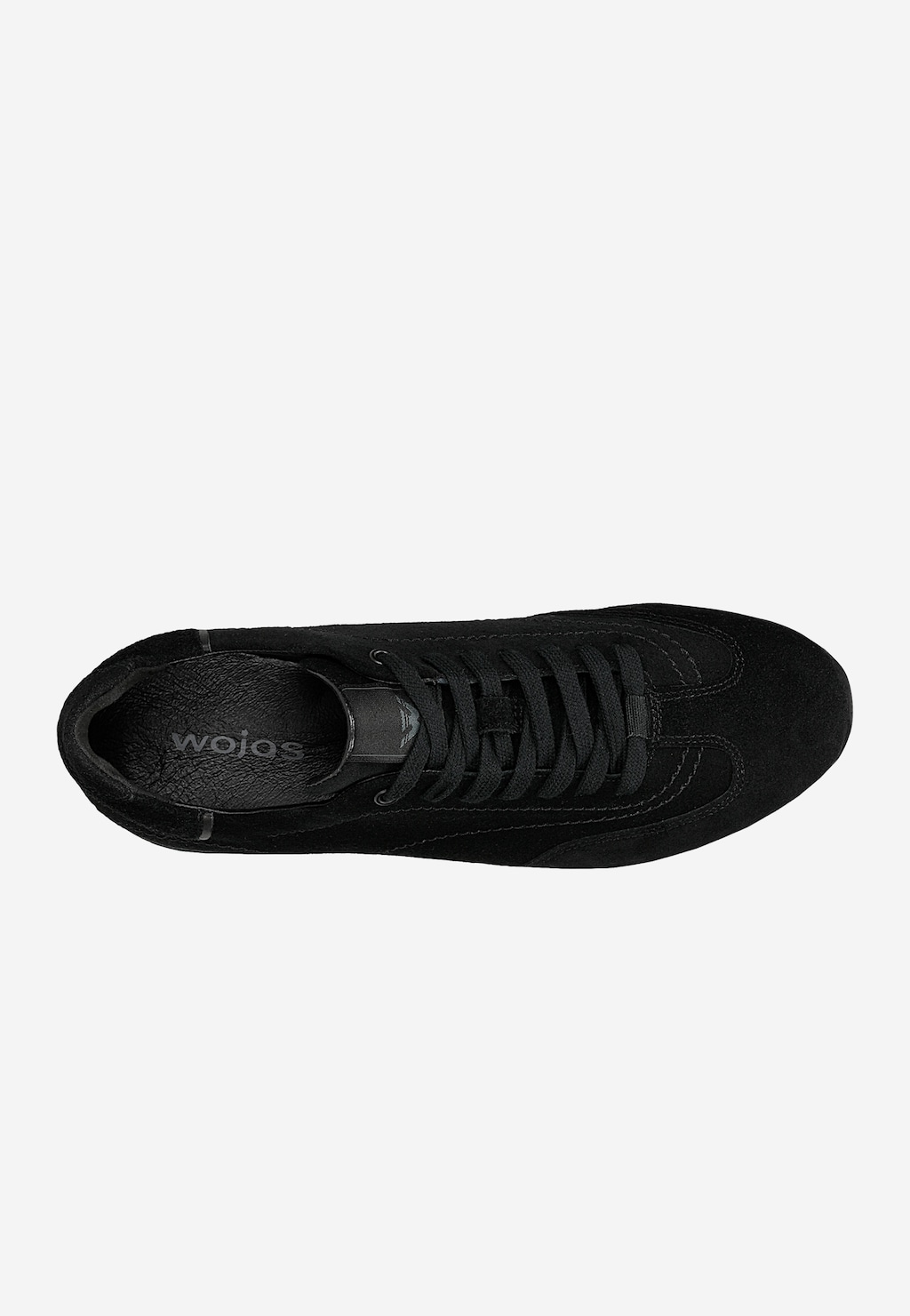 Wojas czarne sneakersy męskie 10300-61 z dwoiny welurowej, widok z góry, sznurowane, z logo marki wewnątrz buta.