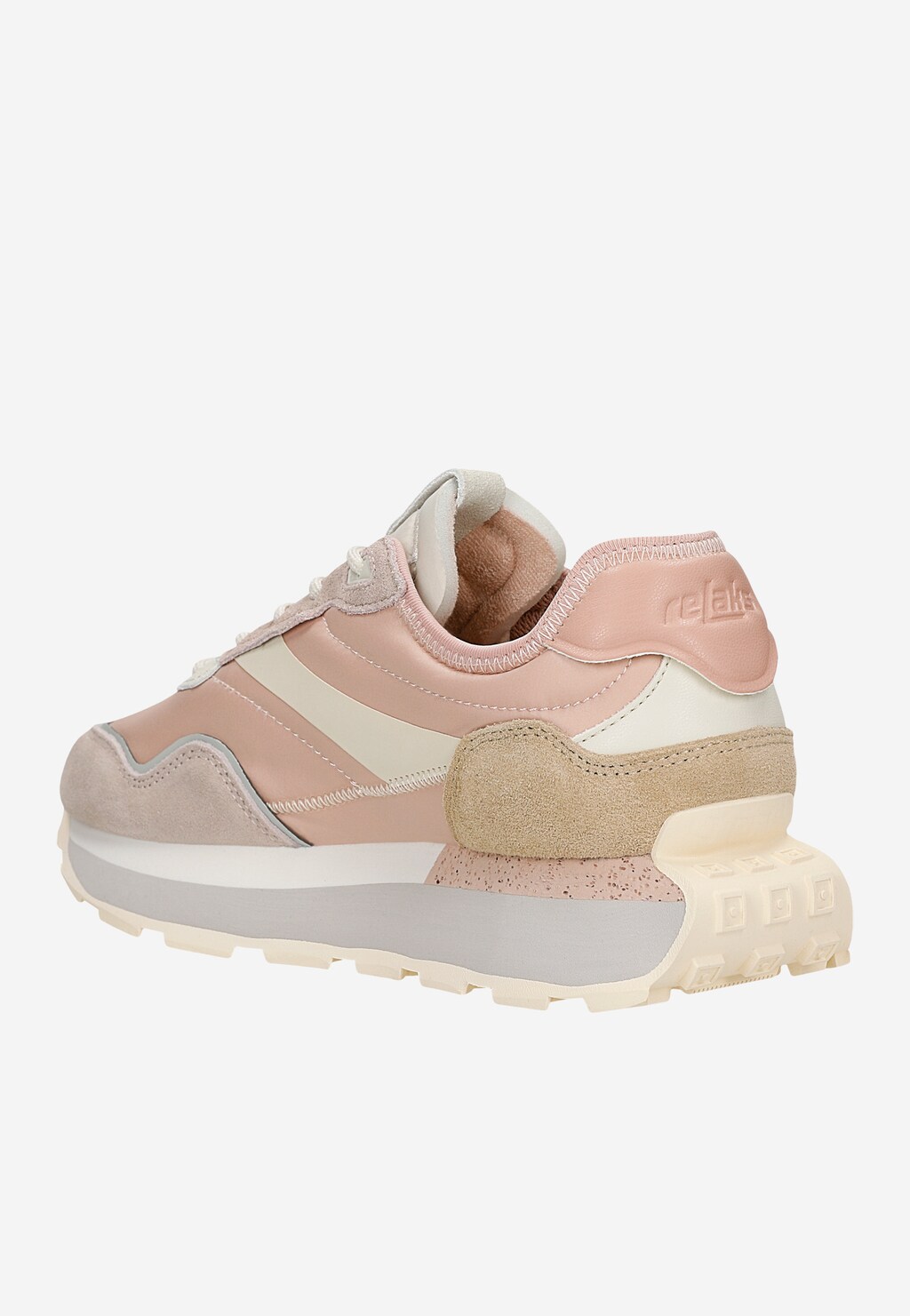 Różowe sneakersy damskie Relaks R4618015 – widok z tyłu, różowo-beżowa kolorystyka, zamszowe i skórzane wstawki, gruba podeszwa.