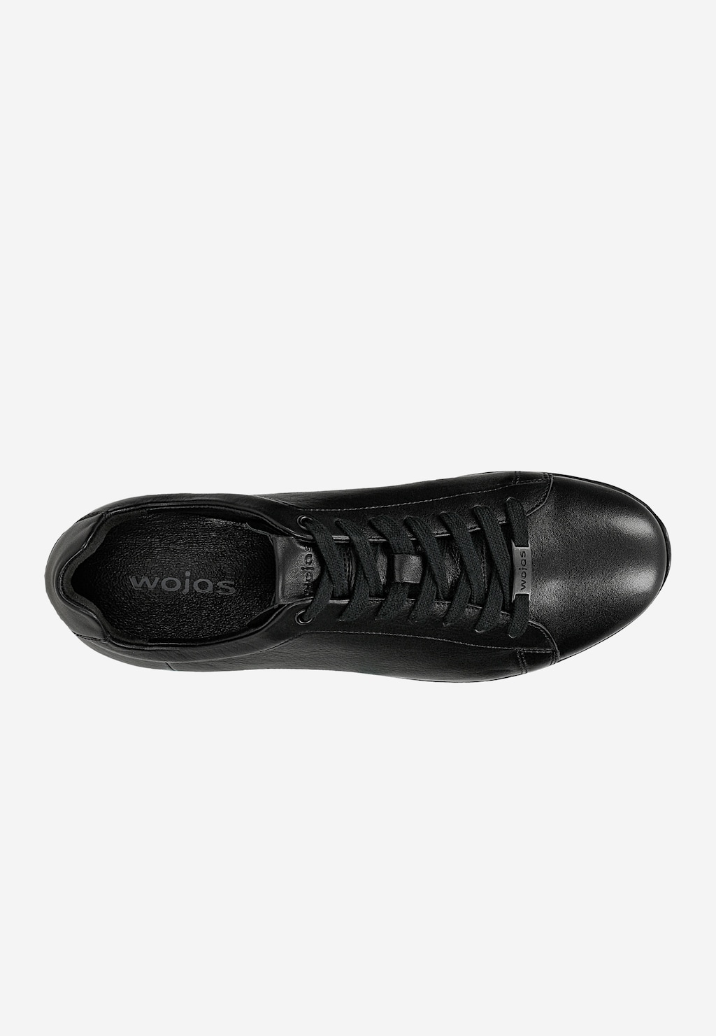 Wojas czarne sneakersy męskie ze skóry licowej 10301-51, widok z góry, czarne sznurówki i metalowe logo na boku.