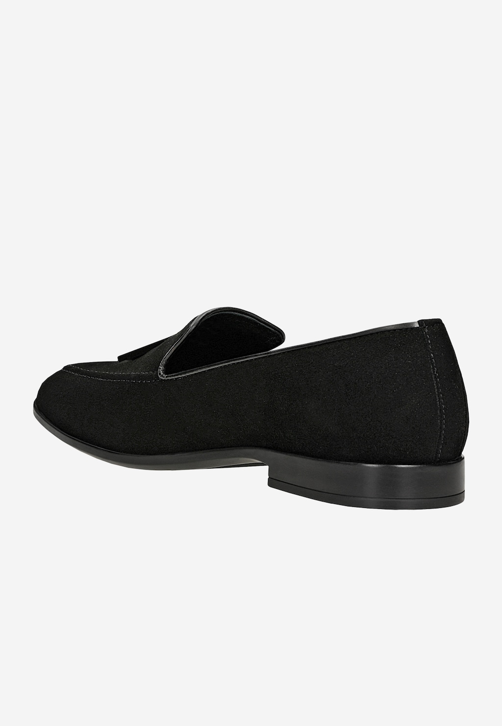 Wojas czarne loafersy męskie z dwoiny z frędzelkiem model 10327-61, widok z tyłu pod kątem, czarna podeszwa