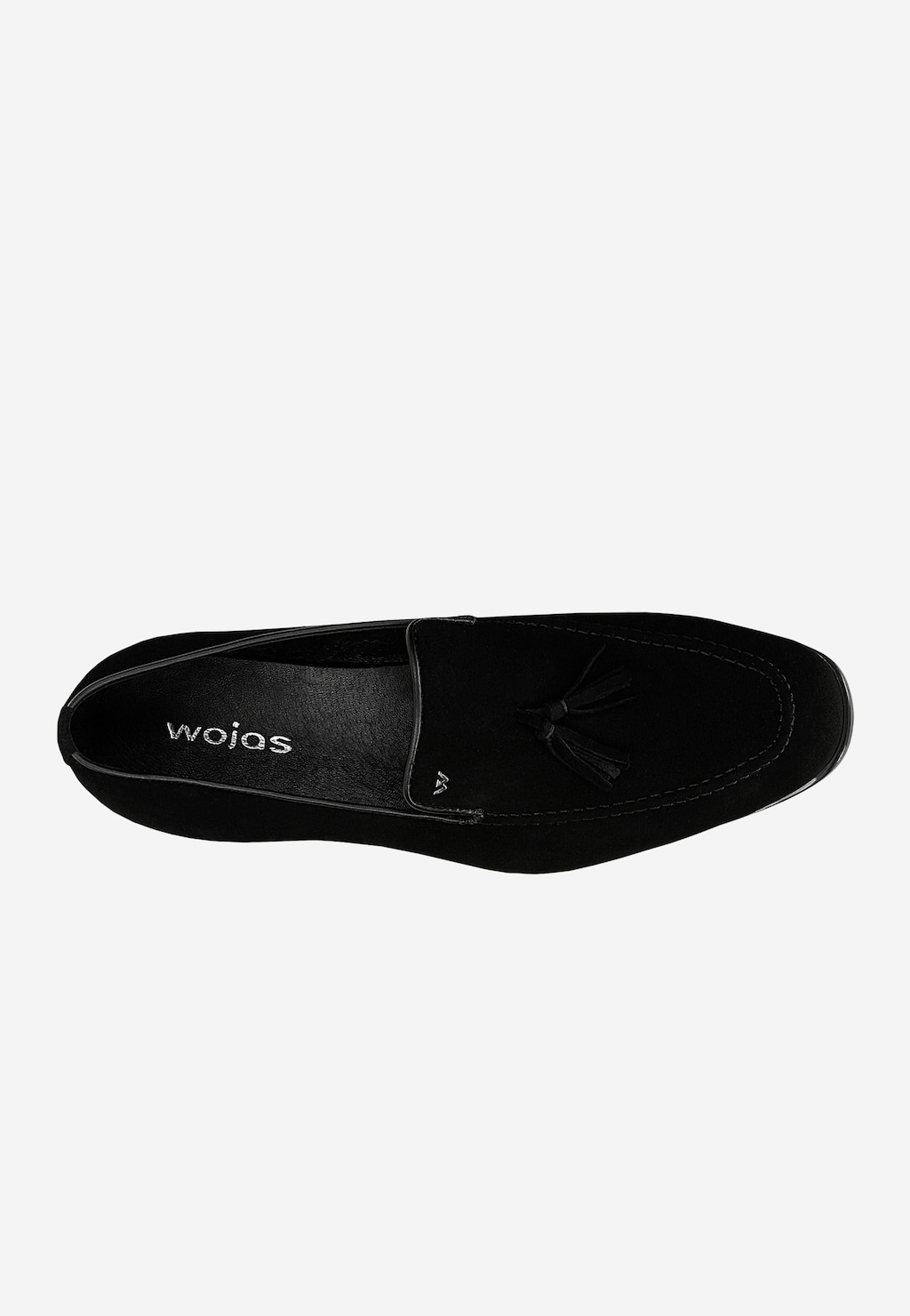 Wojas czarne loafersy męskie z dwoiny z frędzelkiem model 10327-61, widok z góry, elegancki but wsuwany bez sznurówek.