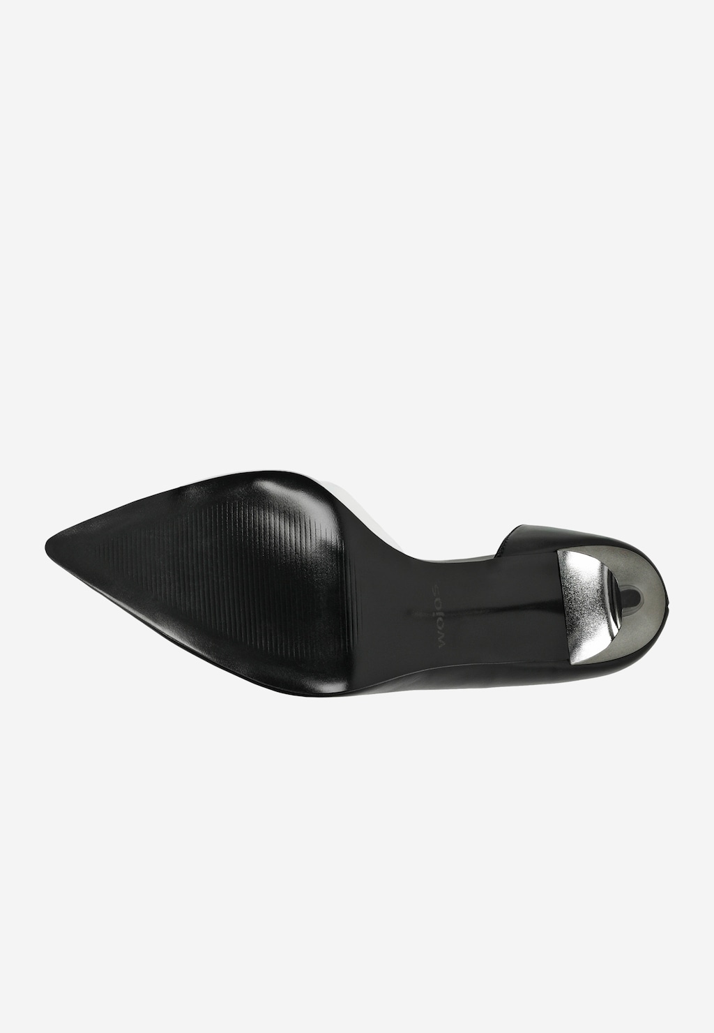 Wojas czarne szpilki damskie model 35179-81 – widok podeszwy z metalowym obcasem i logo marki.