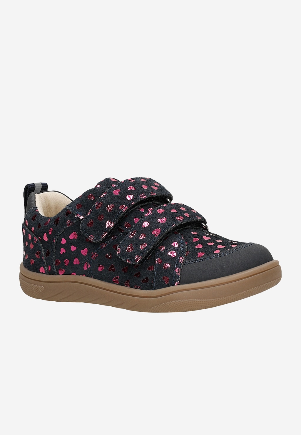 Granatowe buty barefoot Bartek 86323-76 dla dziewczynki z różowymi serduszkami, na rzepy i gumowej podeszwie, widok z boku.