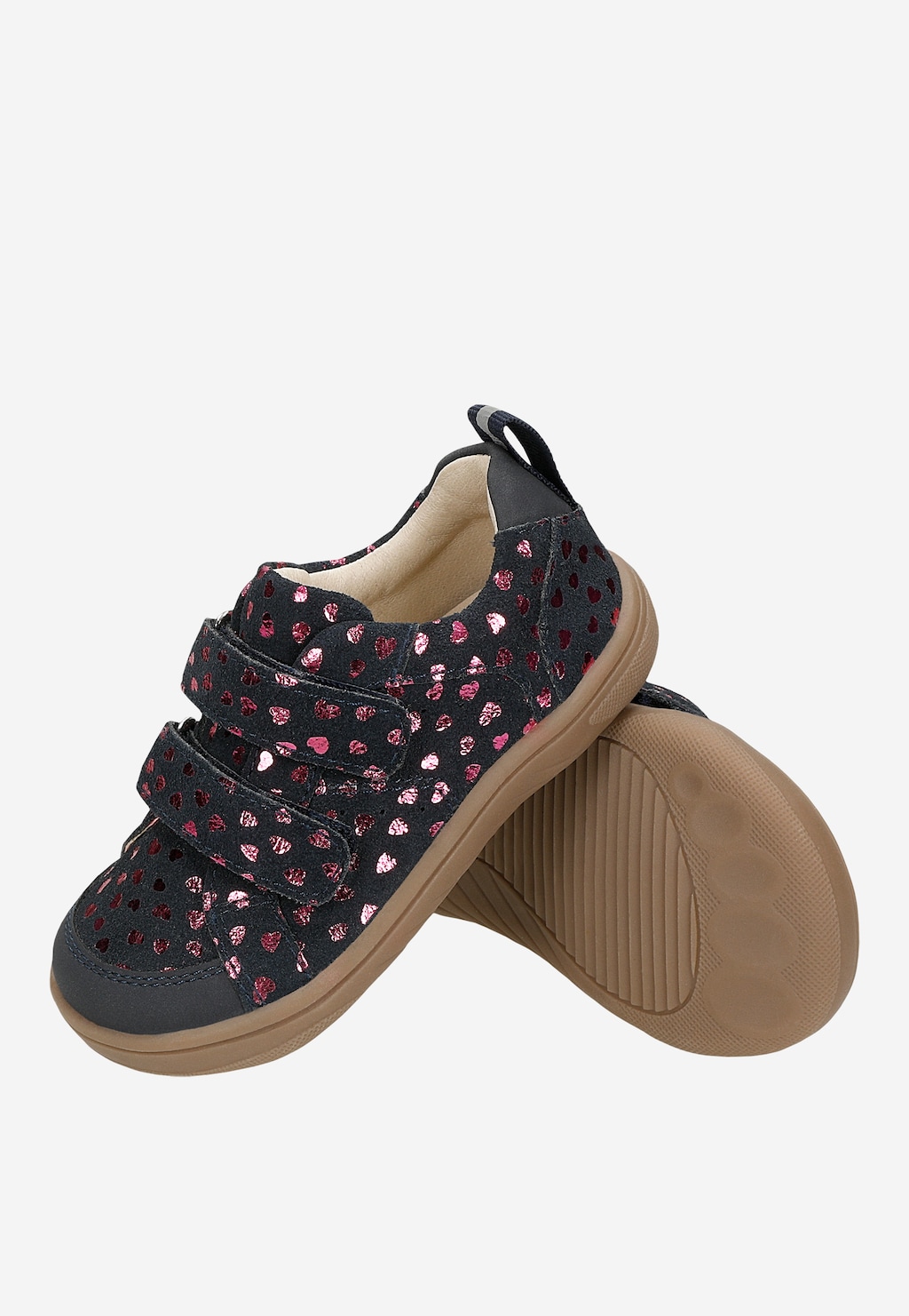 Granatowe buty barefoot Bartek 86323-76 dla dziewczynki z brokatowymi serduszkami, zapięcie na rzepy, widok z boku i podeszwy.