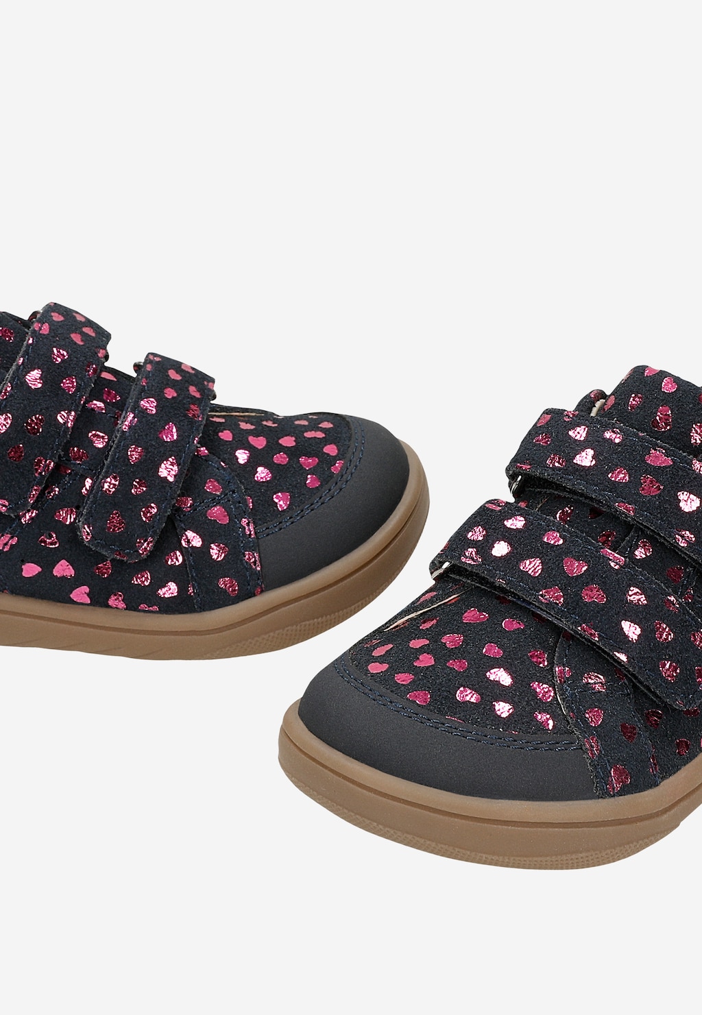 Granatowe buty barefoot Bartek 86323-76 dla dziewczynki z brokatowymi różowymi serduszkami, rzepami i beżową podeszwą.