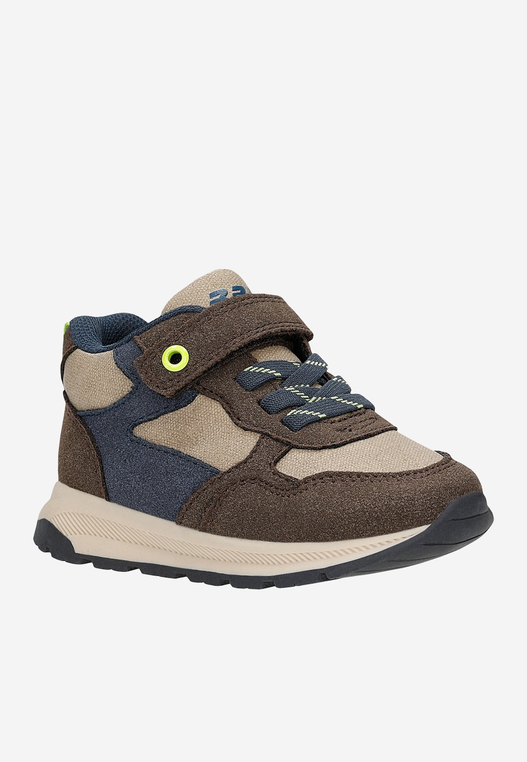 Brązowe sneakersy dziecięce Bartek 87062-12 z granatowymi wstawkami, rzepem i granatowymi sznurówkami, widok z boku pod skosem.