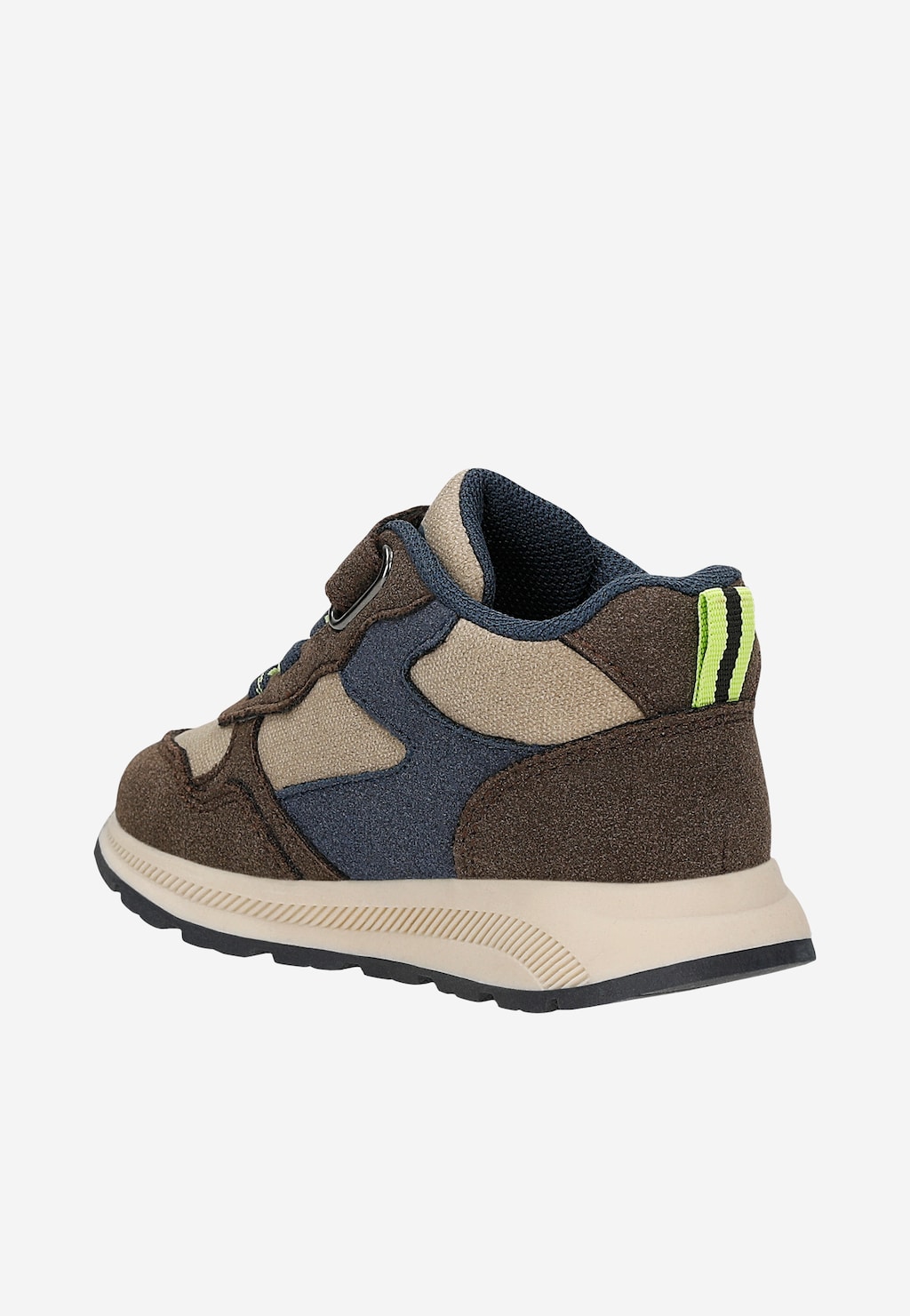 Dziecięce sneakersy Bartek 87062-12 w kolorze brązowym z granatowymi wstawkami, limonkowym detalem z tyłu i rzepem, widok z tyłu.