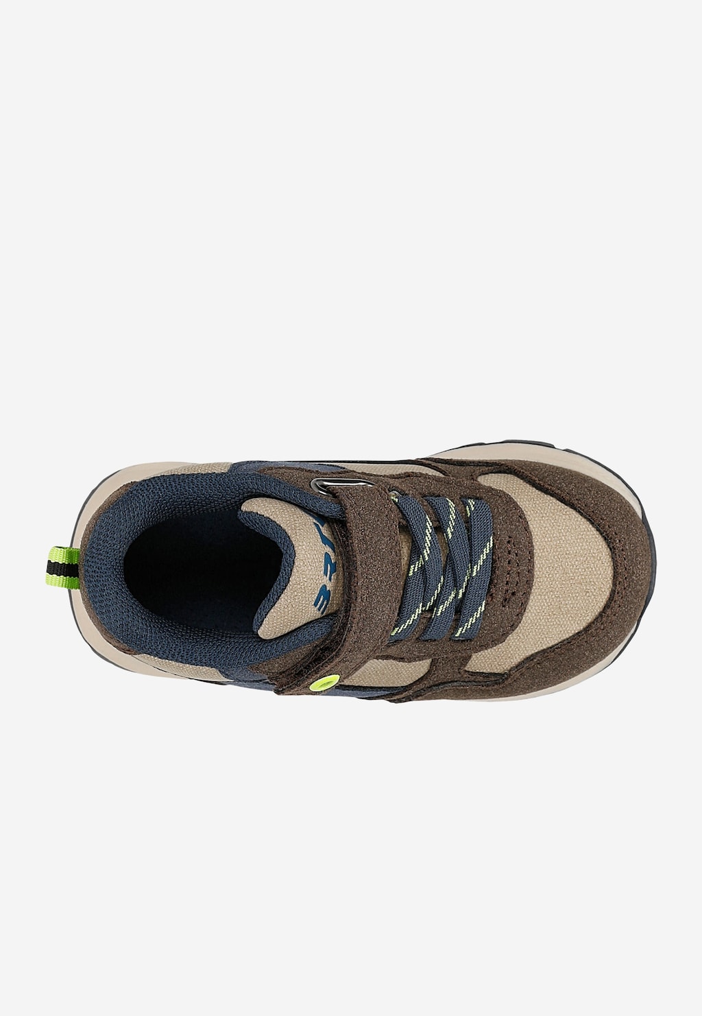Brązowe sneakersy dziecięce Bartek 87062-12 z granatowymi wstawkami i limonkowymi detalami, widok z góry, zapięcie na rzep.