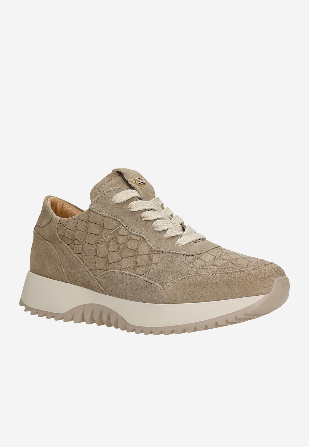 Wojas beżowe sneakersy damskie z tłoczonym wzorem croco, zamszowa cholewka, białe sznurówki, platforma, model 46412-64