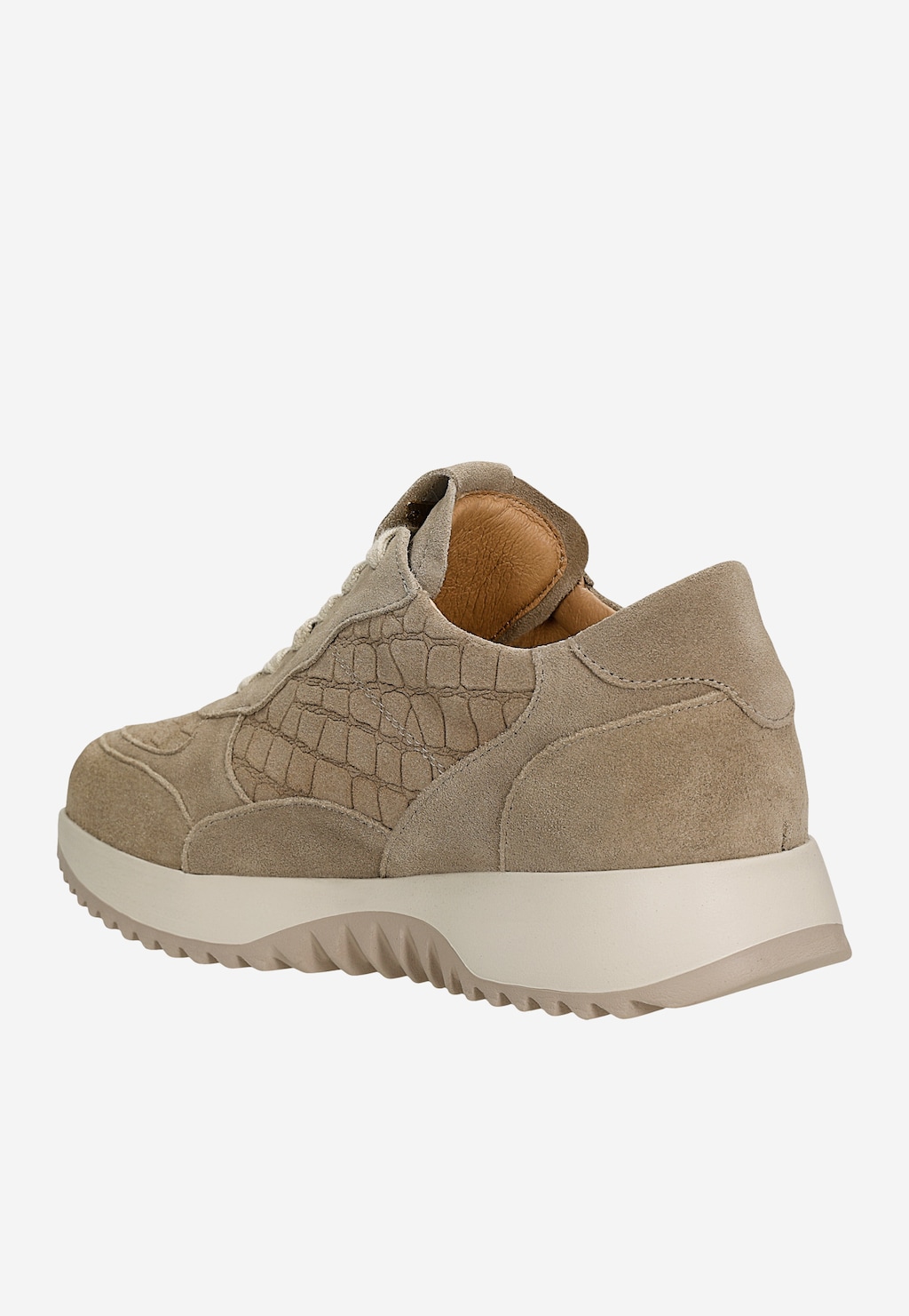 Wojas beżowe sneakersy damskie 46412-64 z tłoczonym wzorem croco, widok od tyłu, platforma, zamszowa cholewka.