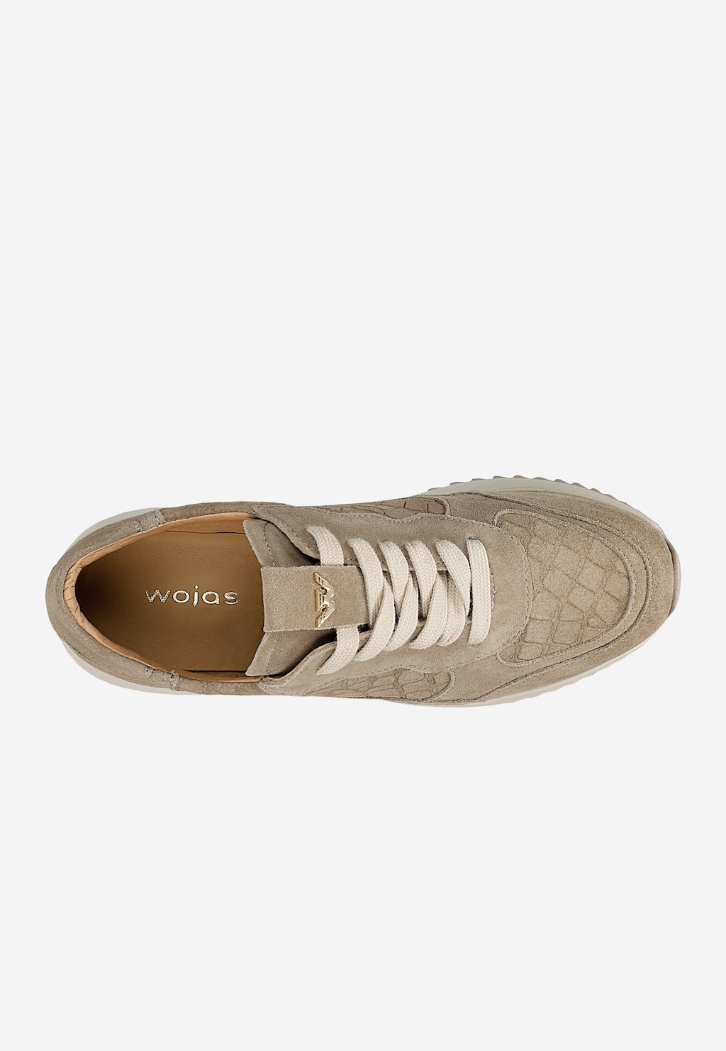 Wojas beżowe sneakersy damskie 46412-64 z tłoczonym wzorem, widok z góry, zamszowa cholewka, kremowe sznurówki.