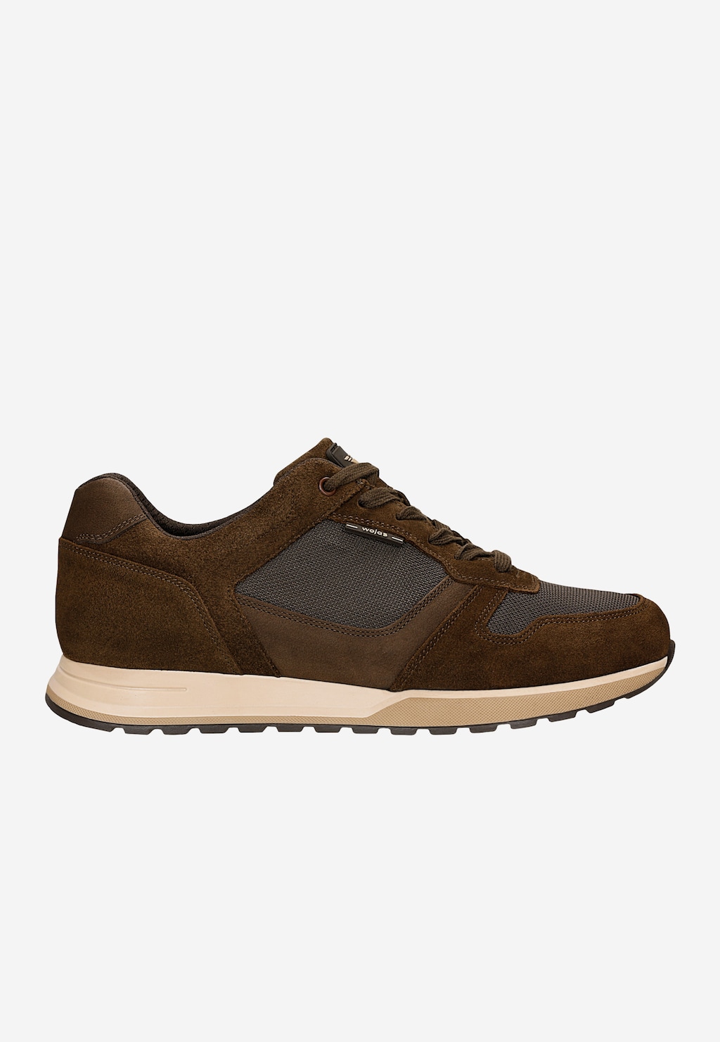 Wojas ciemnobrązowe sneakersy męskie 10243-82 z zamszu i siatki, widok z boku, jasna podeszwa.