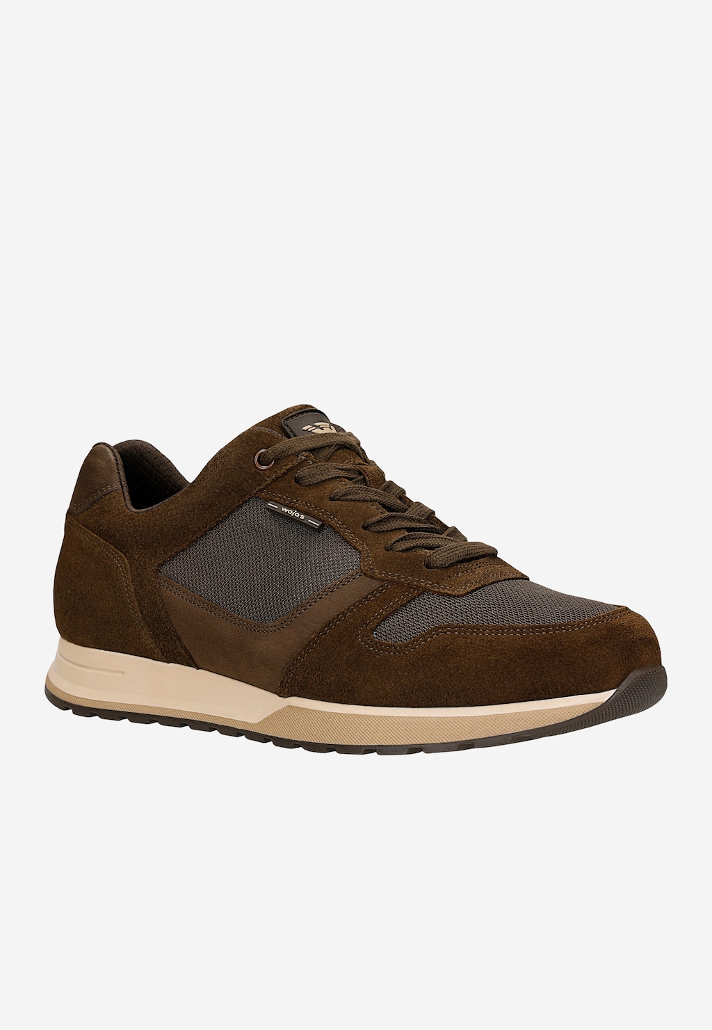 Wojas ciemnobrązowe sneakersy męskie 10243-82 z zamszu i tkaniny, sznurowane, z beżową podeszwą, widok z boku.
