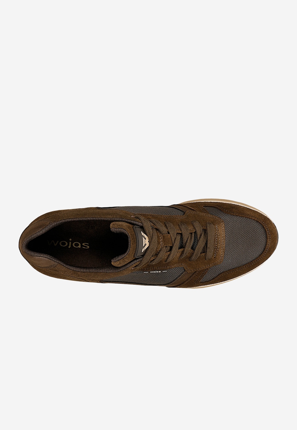 Wojas ciemnobrązowe sneakersy męskie 10243-82 z łączonych materiałów, widok z góry, sznurowane, z Logo Wojas na wkładce.
