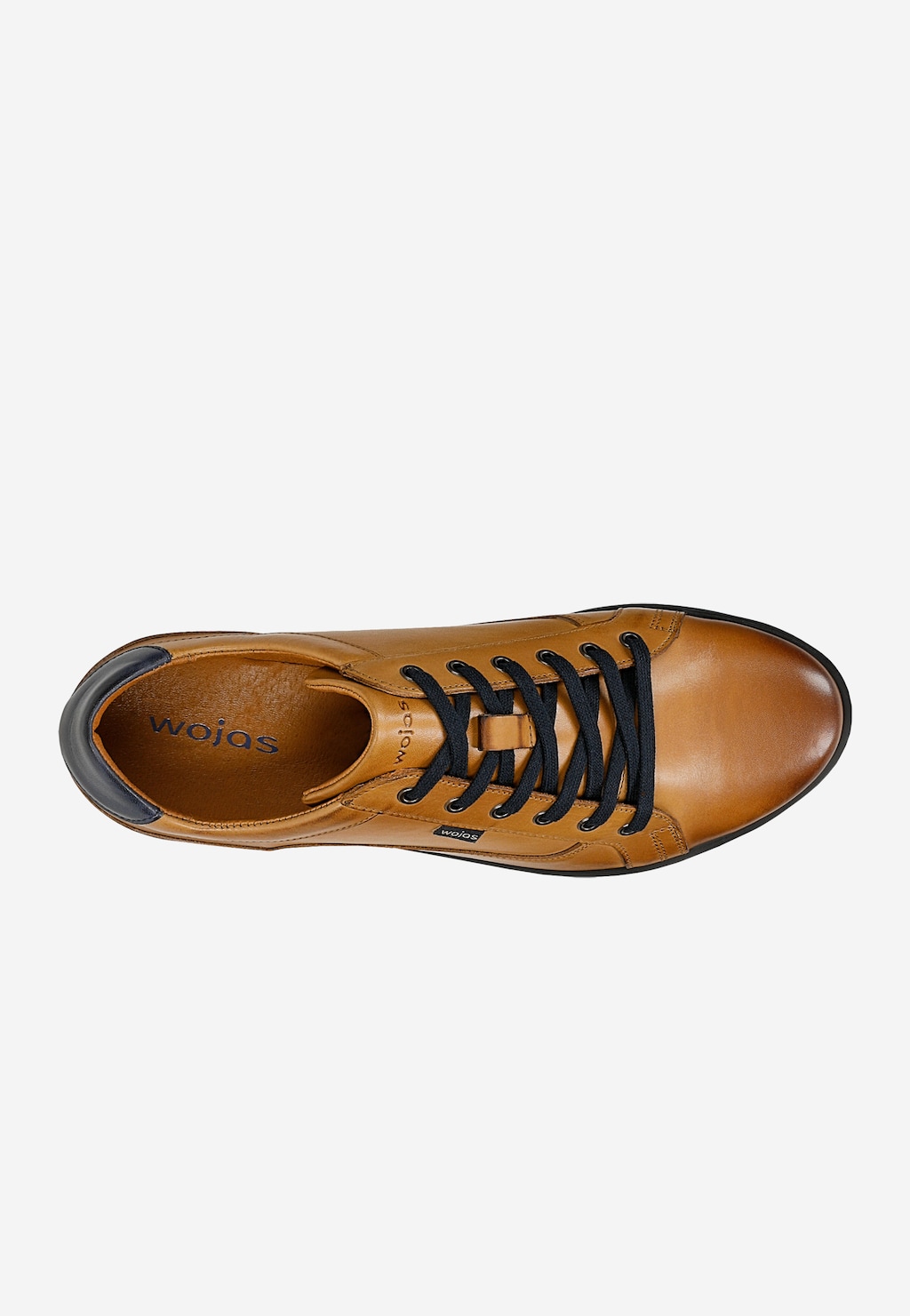 Wojas brązowe sneakersy męskie 10330-53 z granatowymi wstawkami i czarnymi sznurówkami, widok z góry.