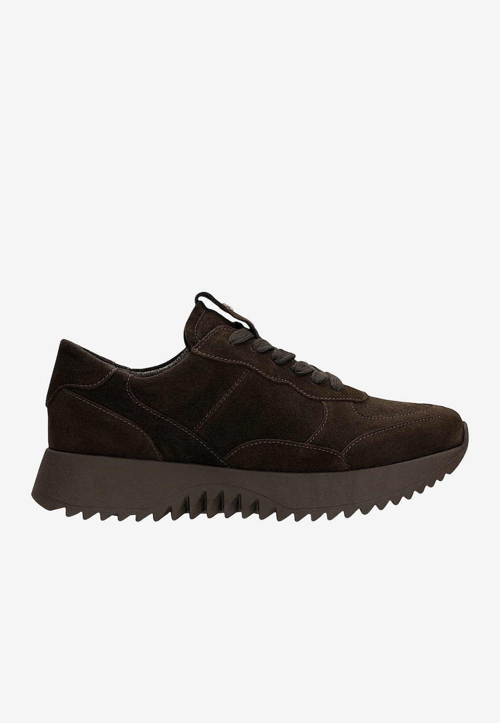 Wojas czekoladowe sneakersy damskie z zamszu na masywnej podeszwie z zębatym bieżnikiem, model 46412-62, widok z boku.