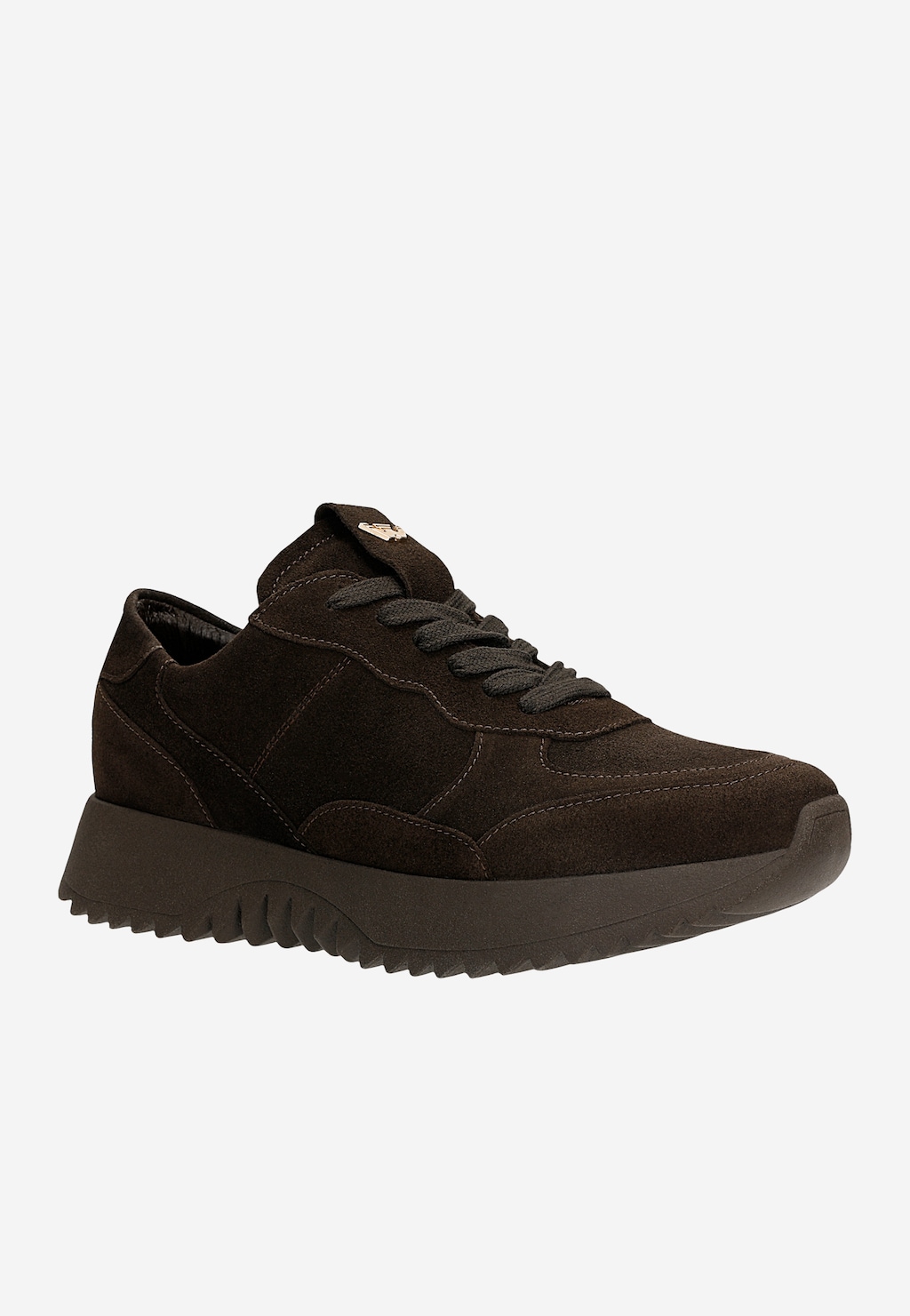Wojas czekoladowe sneakersy damskie 46412-62 z zamszu na masywnej podeszwie, wiązane sznurowadłami, widok z boku.