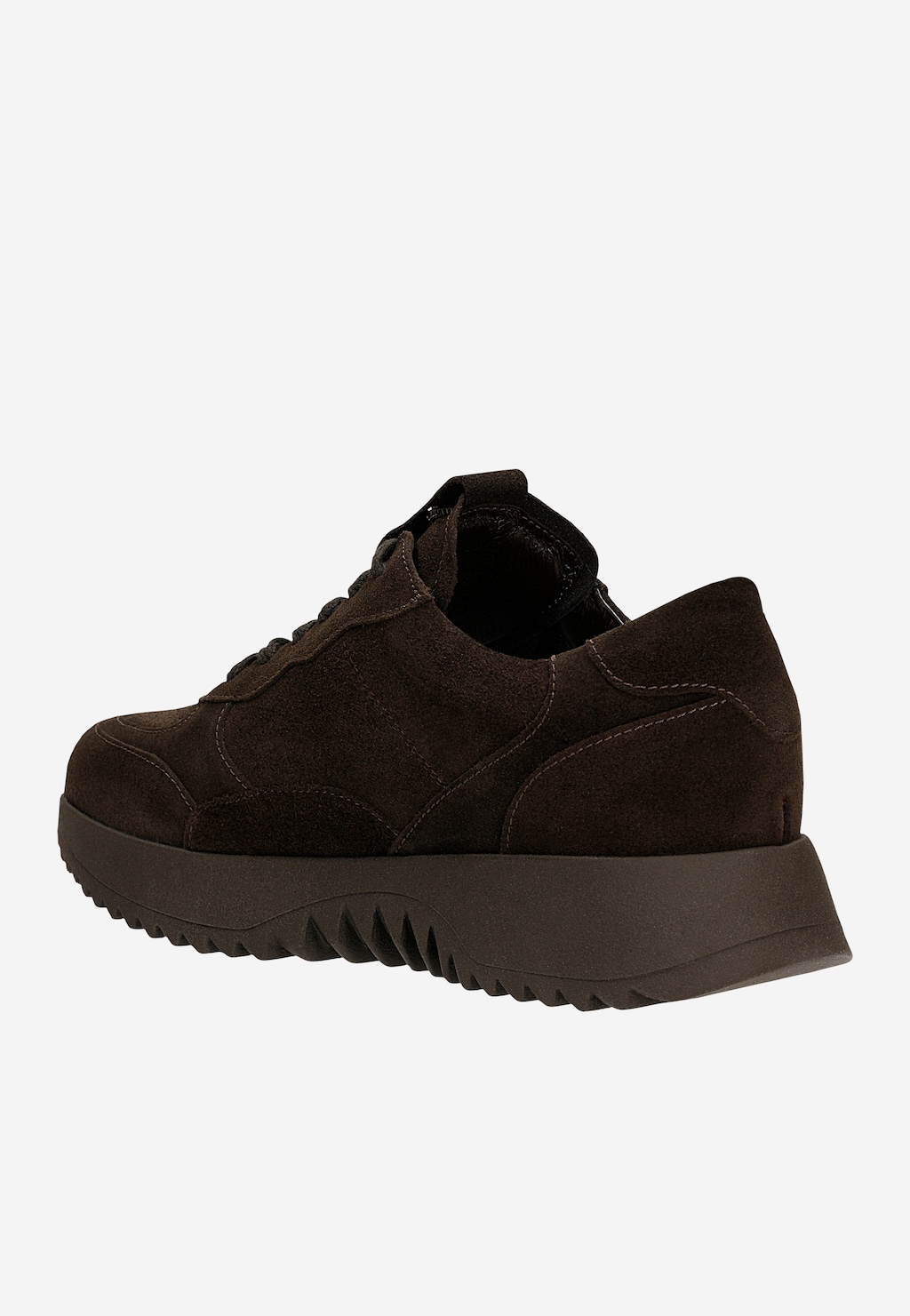 Wojas czekoladowe sneakersy damskie 46412-62 z zamszu na masywnej podeszwie, widok z tyłu pod kątem.