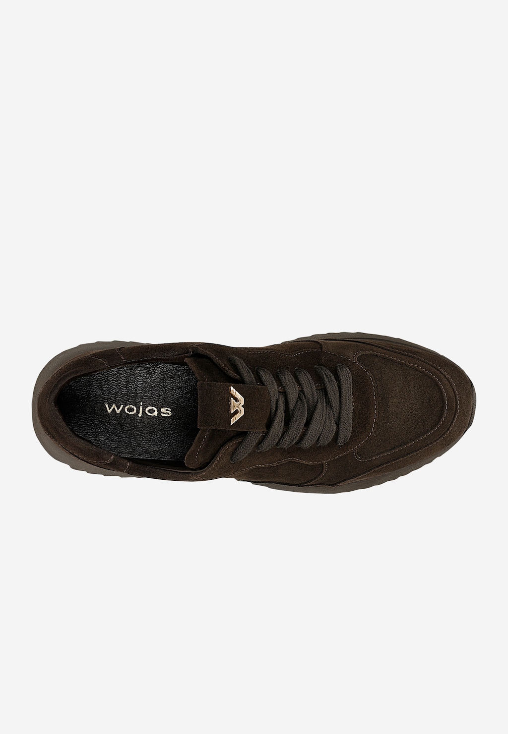 Wojas czekoladowe sneakersy damskie 46412-62 na masywnej podeszwie, widok z góry, zamszowa cholewka ze sznurowadłami i złotym logo.
