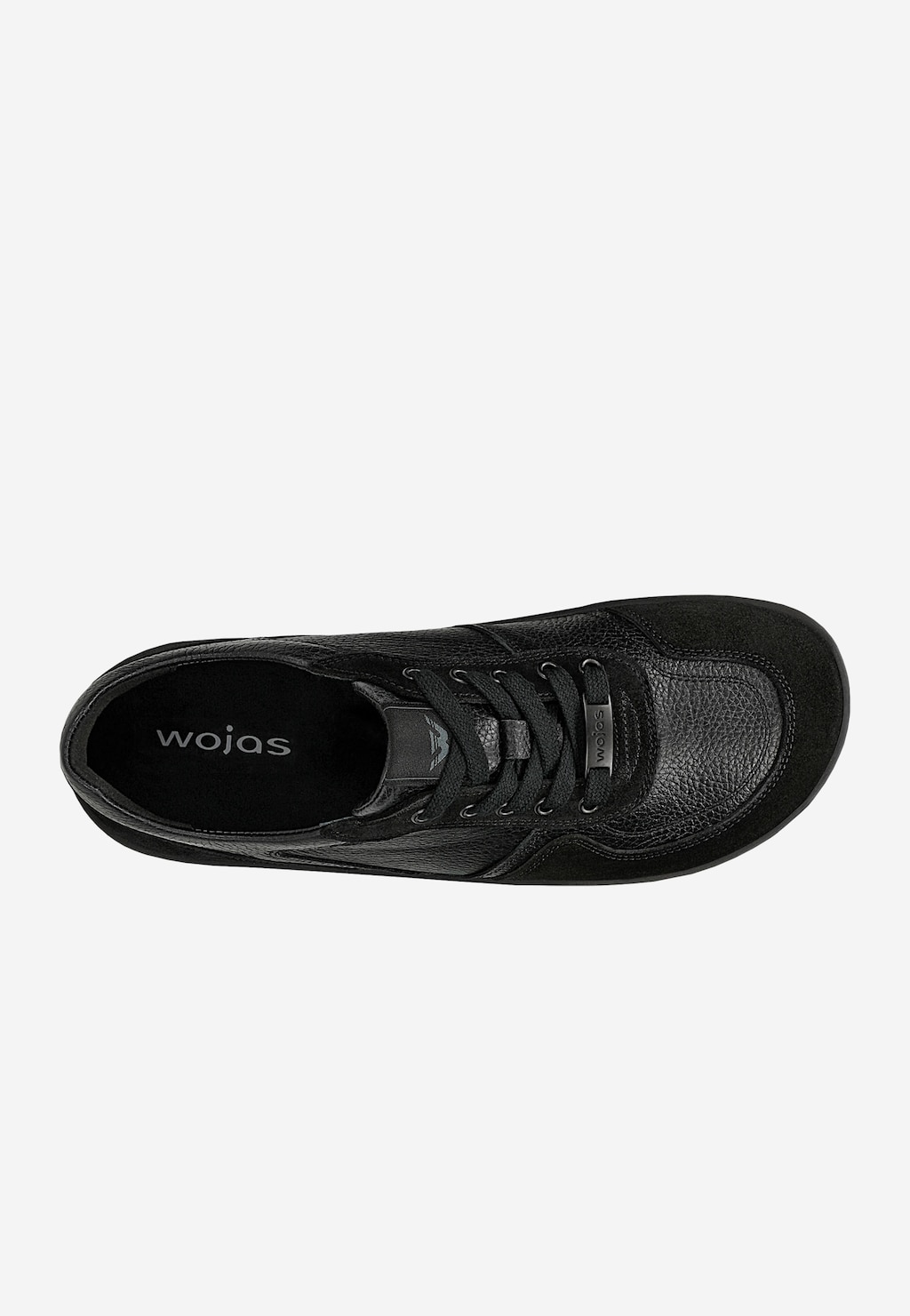 Wojas czarne męskie trampki 10321-71 z łączonych skór, widok z góry, sznurowane, z metalowym logo marki na boku.