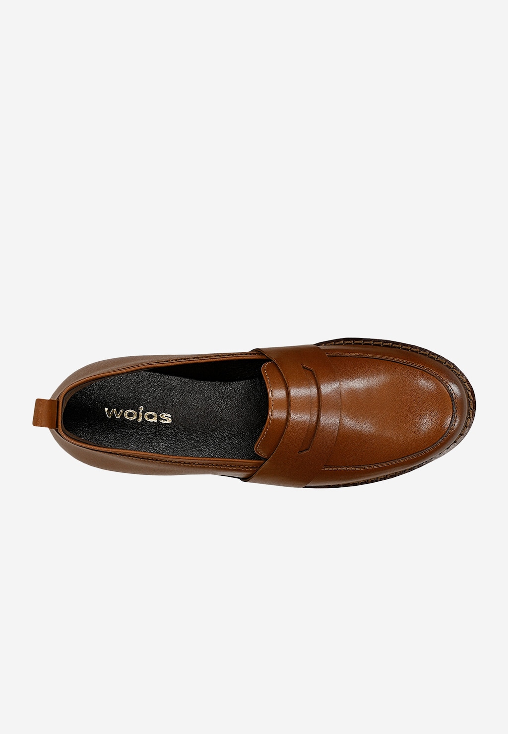 Wojas brązowe mokasyny damskie ze skóry licowej 46399-53, widok z góry, czarna wkładka z logo marki, klasyczny penny loafer design.