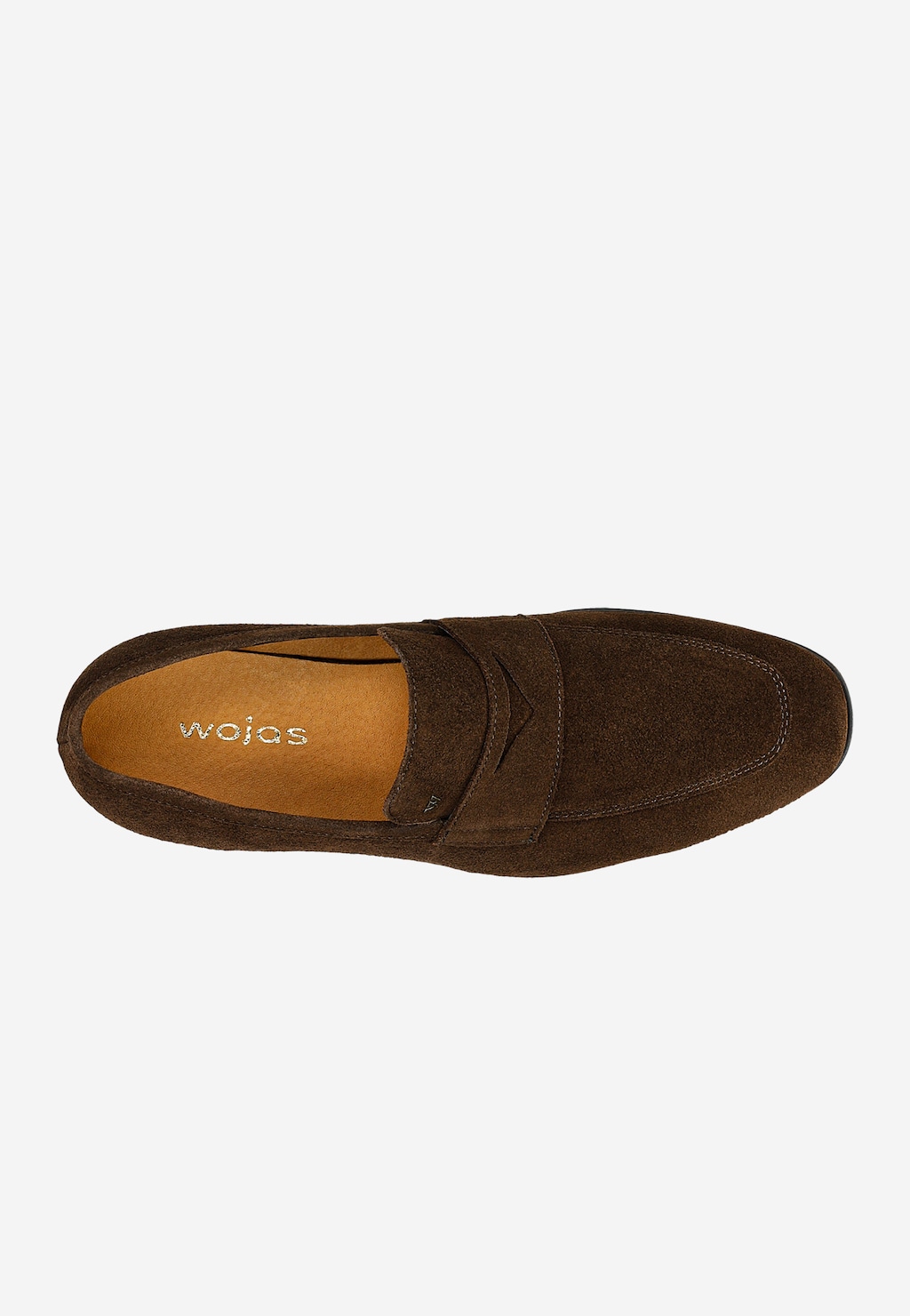 Wojas brązowe loafersy męskie z weluru model 10196-62, widok z góry, klasyczny pasek penny loafer, skórzana wkładka z logo marki.