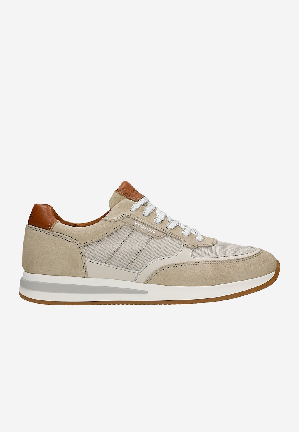 Wojas beżowe męskie sneakersy 10298-84 z brązowymi skórzanymi wstawkami, białą podeszwą i sznurowaniem, widok z boku.