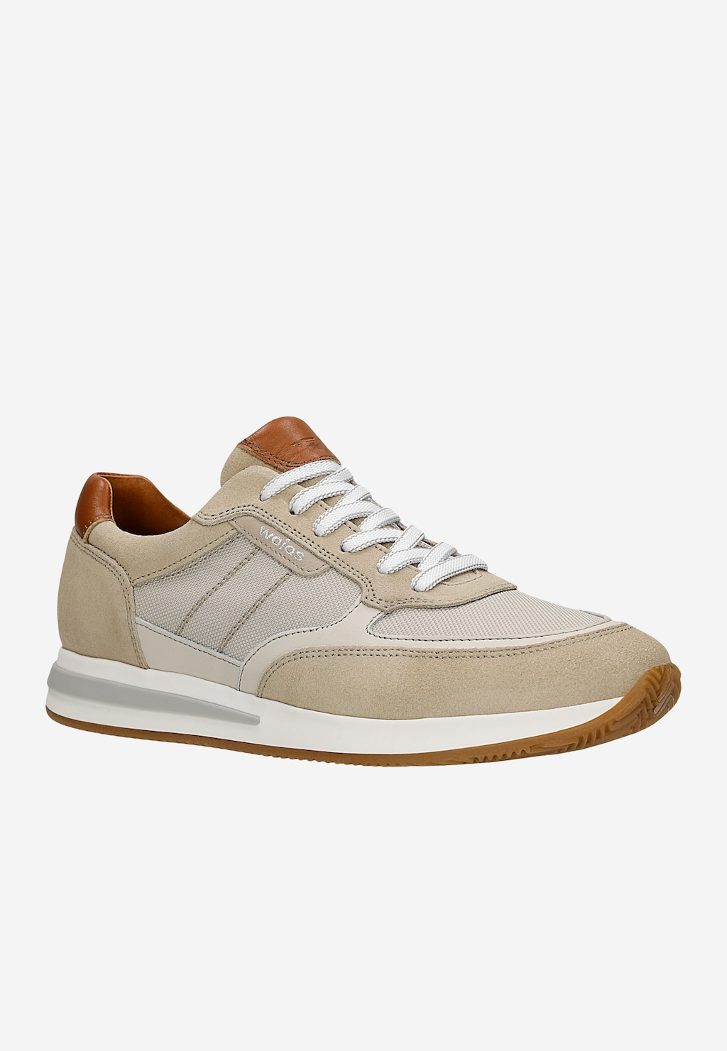 Wojas beżowe męskie sneakersy 10298-84 z brązowymi skórzanymi wstawkami, białymi sznurówkami i gumową podeszwą, widok z boku.