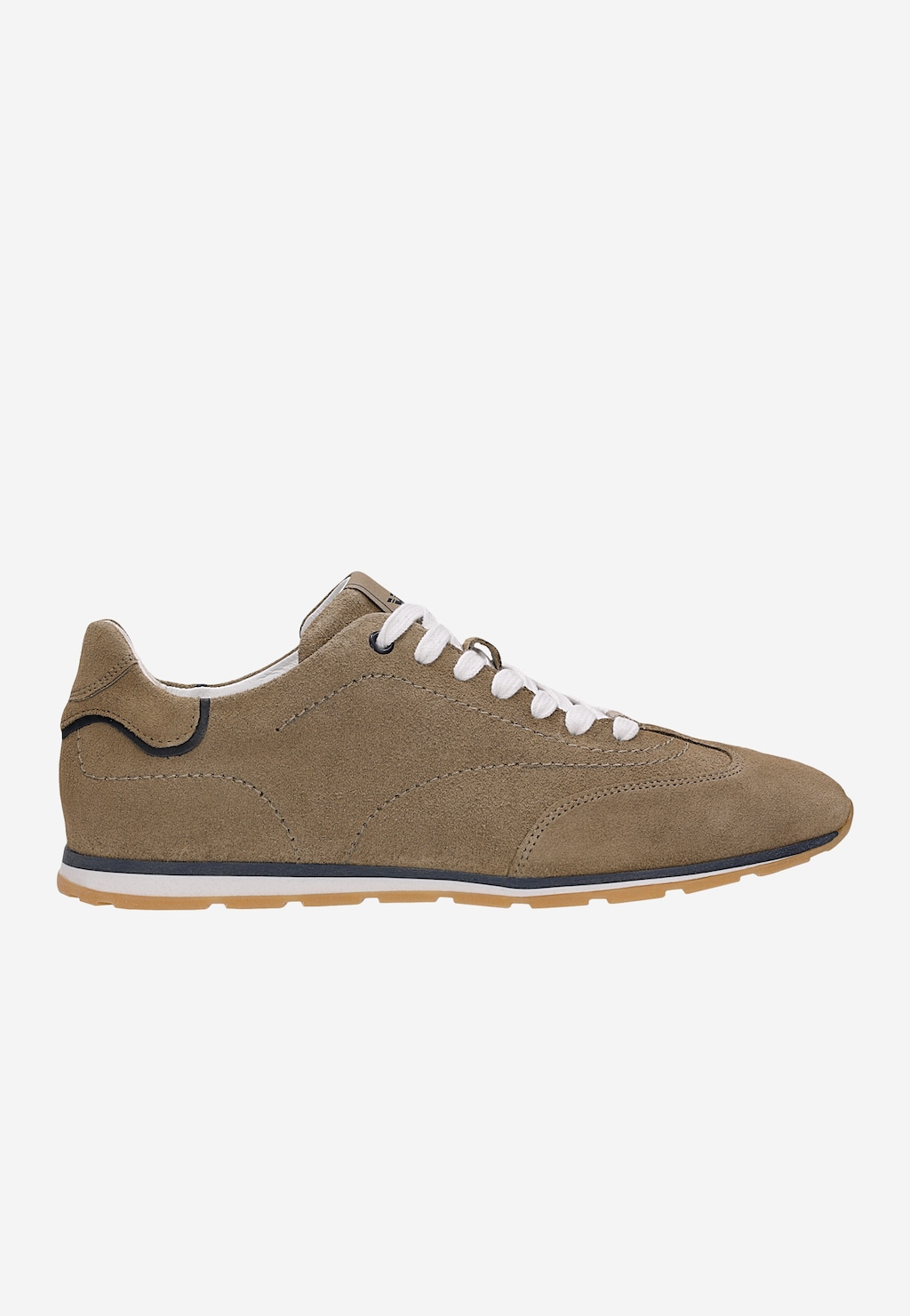 Wojas beżowe sneakersy męskie z zamszu z granatowymi wstawkami, białymi sznurówkami i gumową podeszwą, model 10300-74, widok z boku.