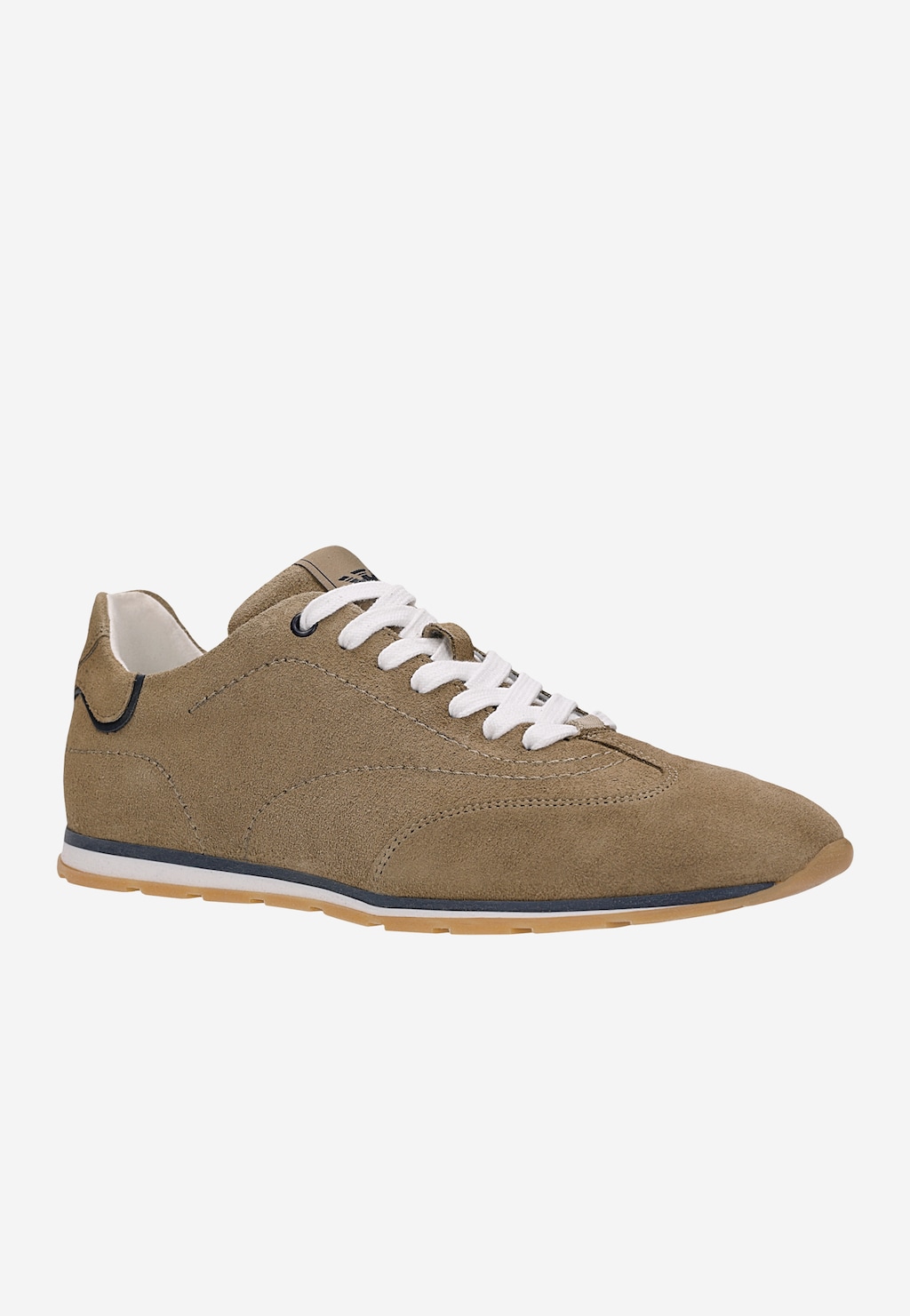 Wojas beżowe sneakersy męskie z zamszu z granatowymi wstawkami i białymi sznurówkami, model 10300-74, widok z boku.