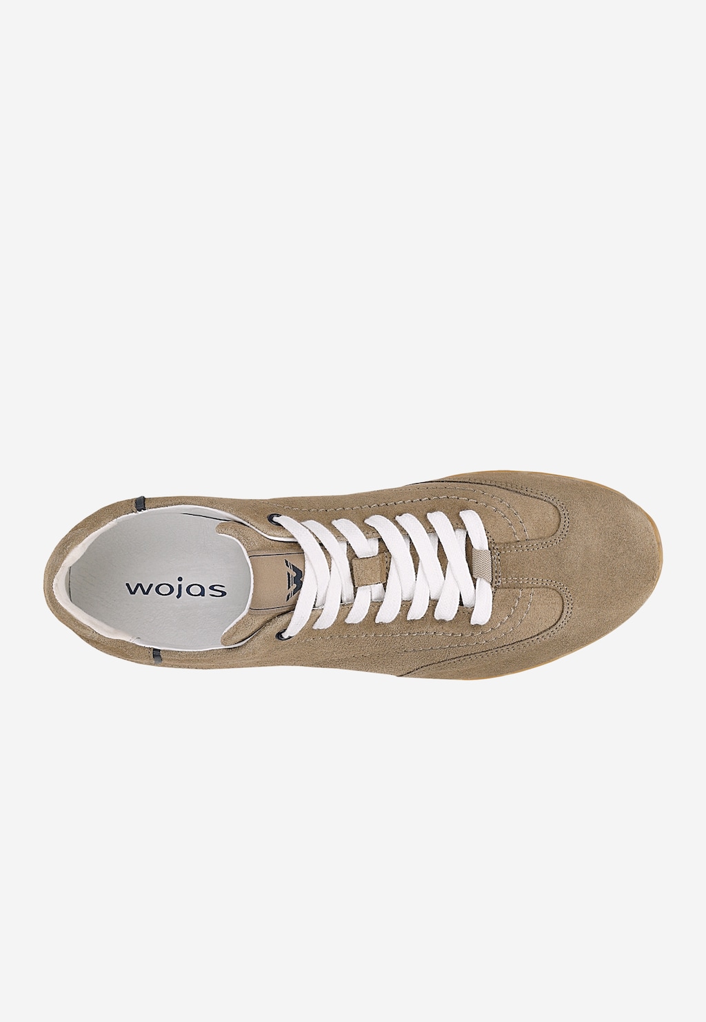 Wojas beżowe sneakersy męskie 10300-74 z zamszu, widok z góry, białe sznurówki i granatowe wstawki przy pięcie.