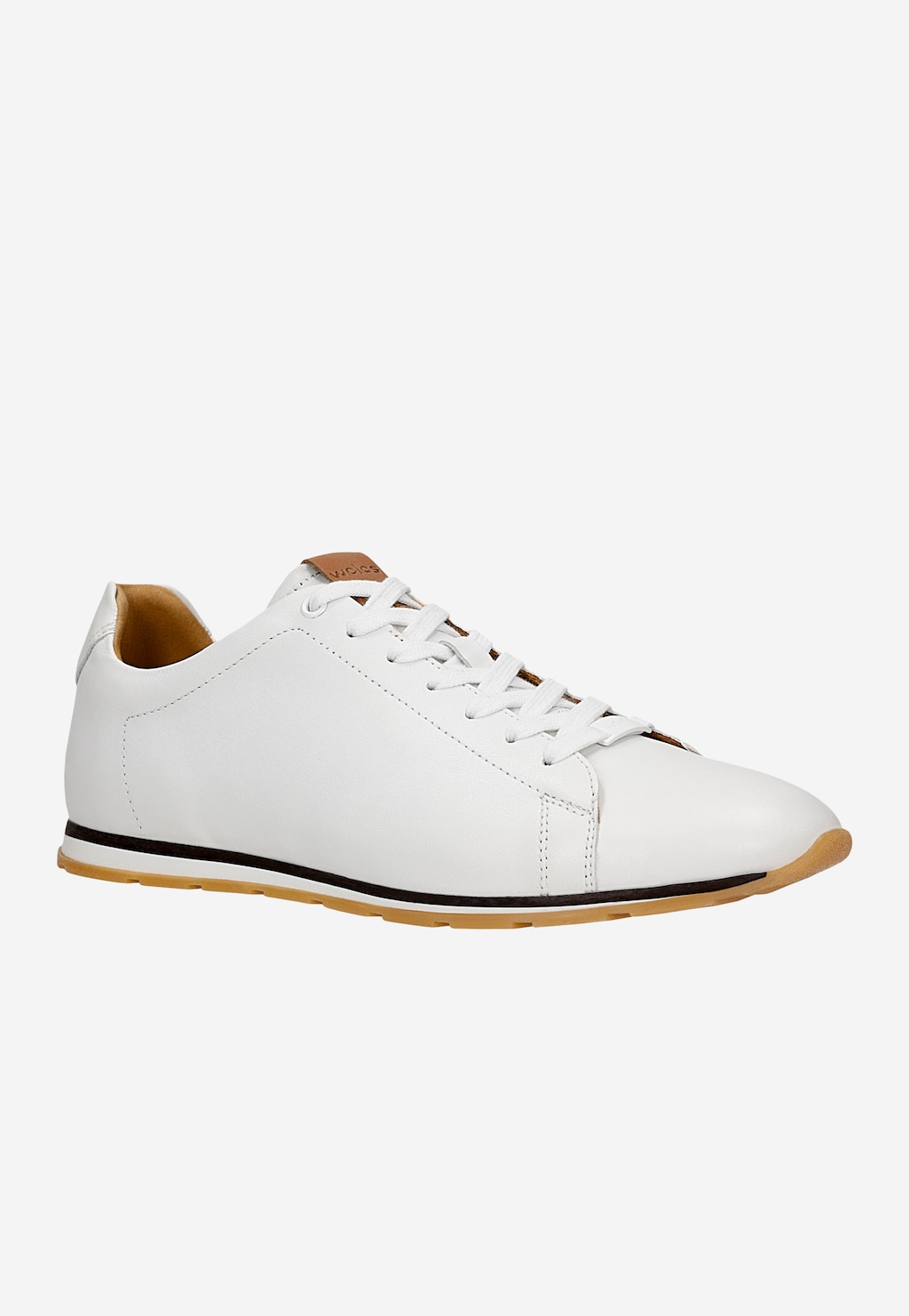 Wojas białe sneakersy męskie 10301-59 z kontrastową podeszwą gum, brązową wstawką przy pięcie i białymi sznurówkami, widok z boku.