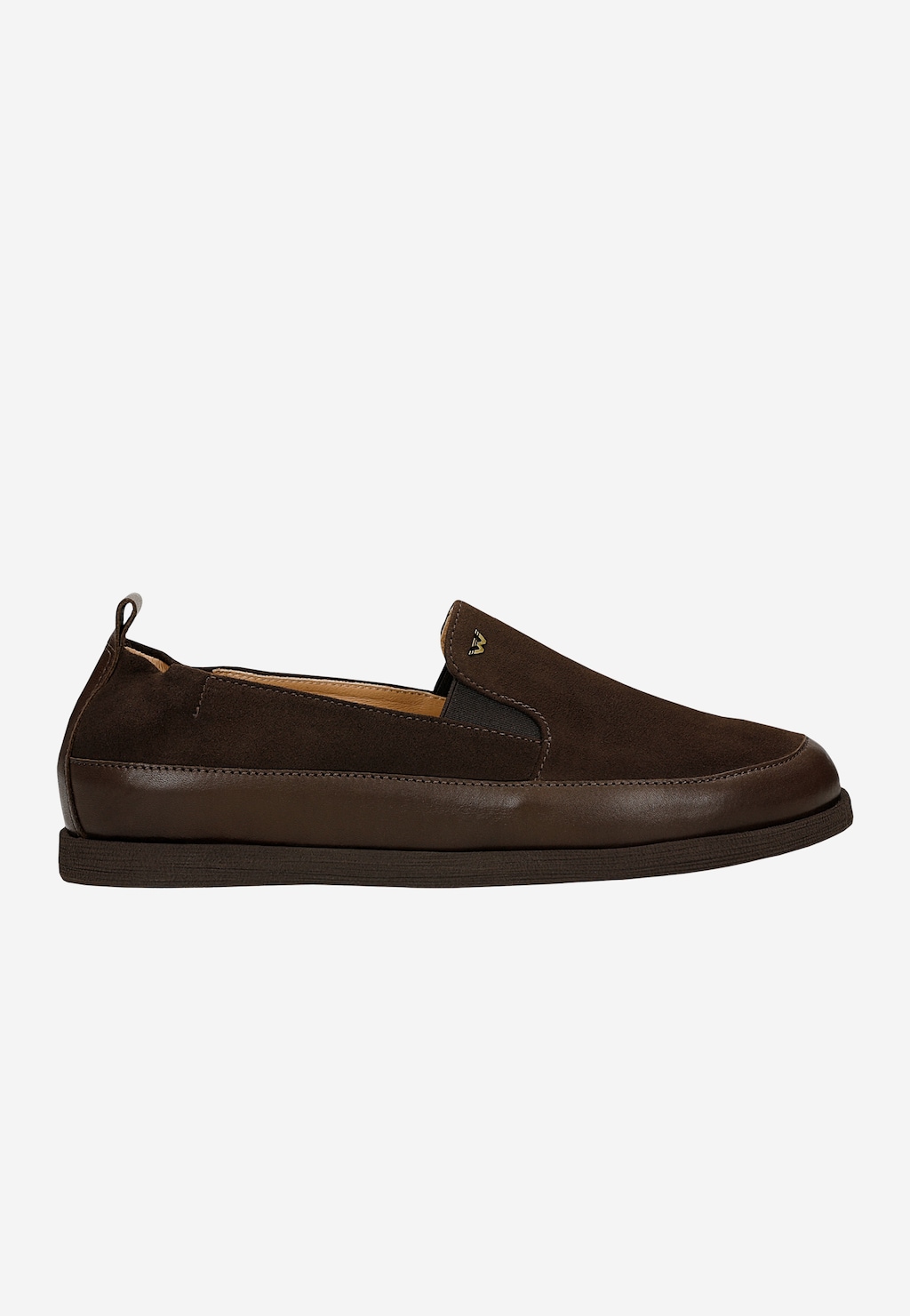 Wojas brązowe mokasyny damskie comfort 46405-72, widok z boku, skóra naturalna i zamsz, elastyczna wstawka, płaska podeszwa, logo marki